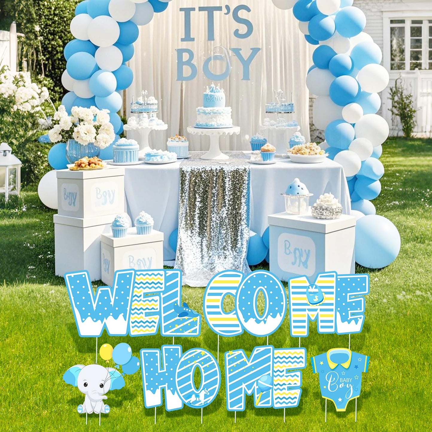 Welcome Home Baby Boy Decorations 7 Pieces Welcome Baby Boy Yard Sign with Stakes Blue Gender Reveal Lawn Sign for Baby Shower Party Supplies Newborn Announcement Outdoor Lawn Garden Yard Decor