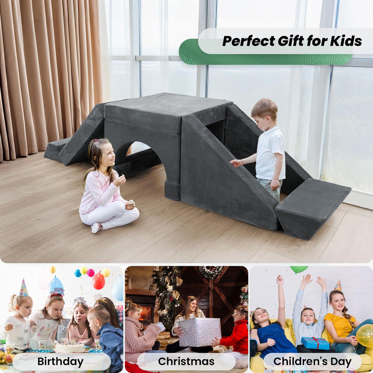 HOMFINE 16pcs Modular Kids Play Couch, Kids Toddler Couch, Child Sectional Sofa, Versatile Kid Couch for Playroom Bedroom, Convertible Foam and Floor Cushion for Boys and Girls, Dark Grey