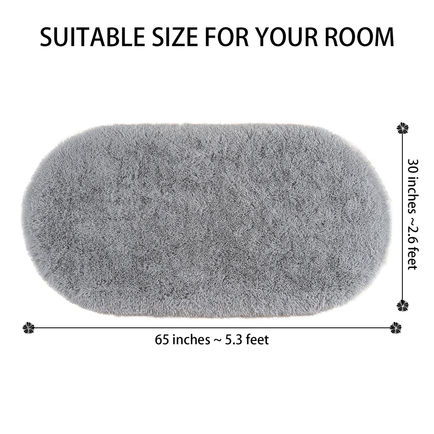 Softlife Fluffy Rugs for Bedroom, 2 Packs Shag Cute Area Rug for Girls and Kids Baby Room Home Decor, 2.6 x 5.3 Feet Oval Indoor Carpet for Nursery Dorm Living Room, Grey