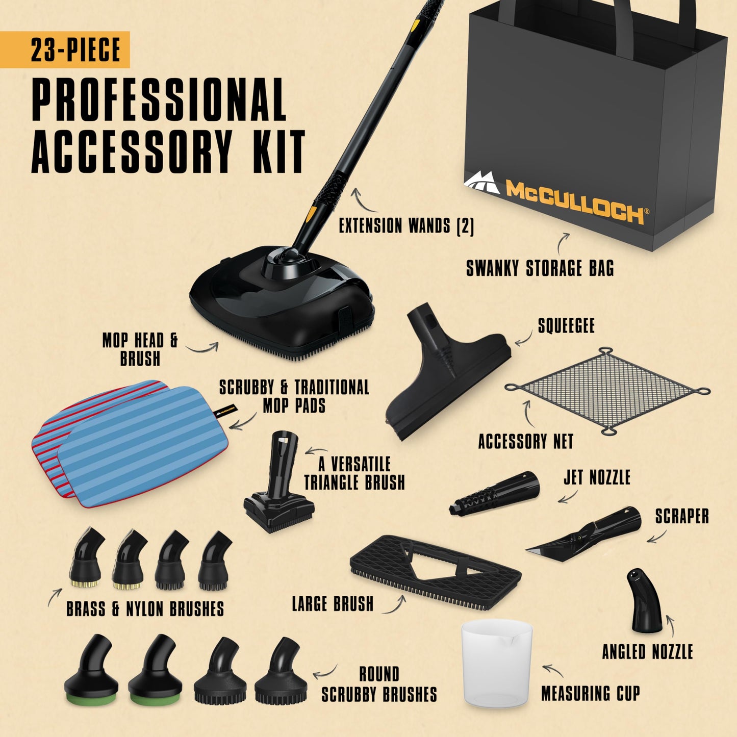 McCulloch MC1385 Deluxe Canister Steam Cleaner, 2-Hour Runtime, Chemical-Free, 23 Accessories: Mop Head, Brushes & More - Built for Home, Tile, Carpet, Furniture, Car Detailing & Commercial Cleaning
