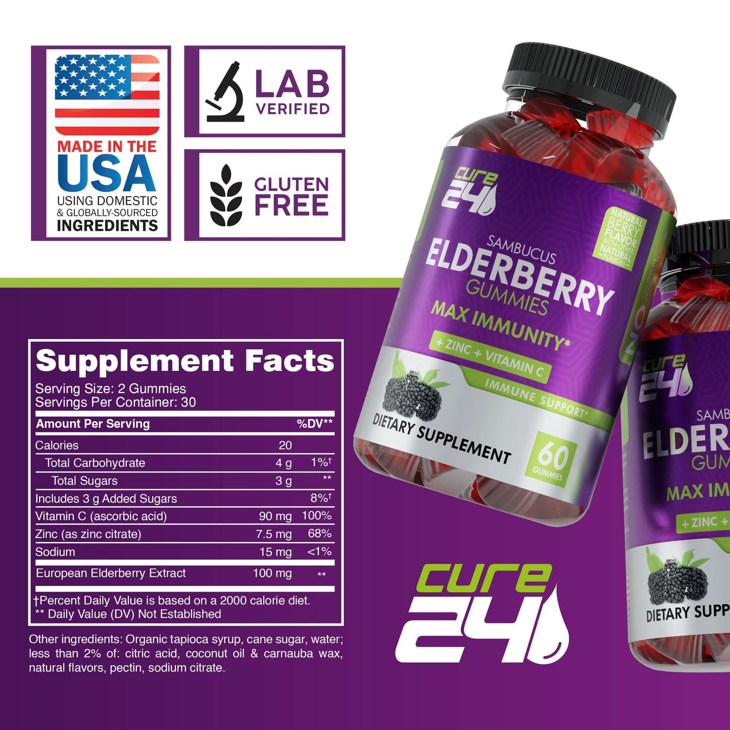 Cure24 Sambucus Elderberry Gummies + Vitamin C + Zinc for Kids & Adults, X3 Immune Support, Natural Flavors + Ingredients, Vegan, Non-GMO, Made in USA (60)