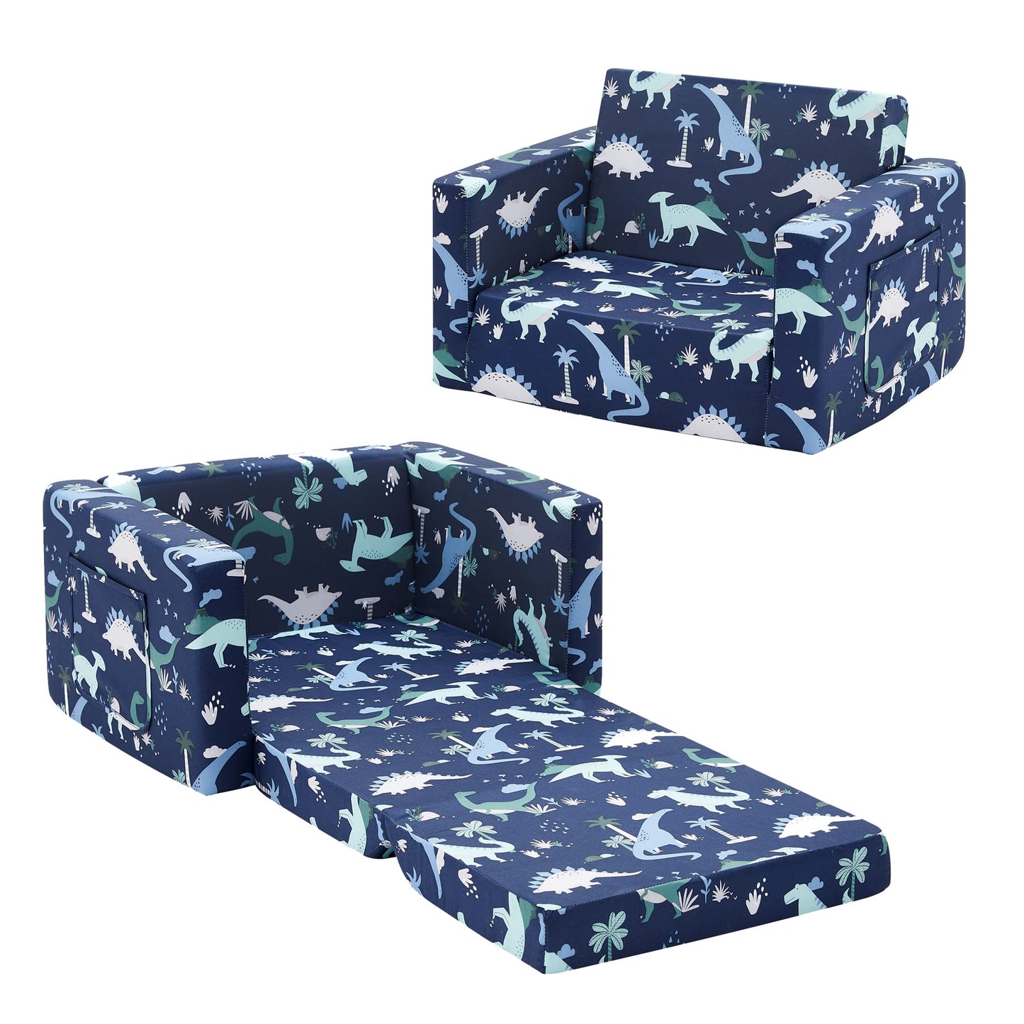 Ulax furniture Kids Sofa Chair for Reading, 2-in-1 Sofa Toddler Fold Out Couch, Convertible Sofa to Sleeper Couch (Navy Dinosaur)