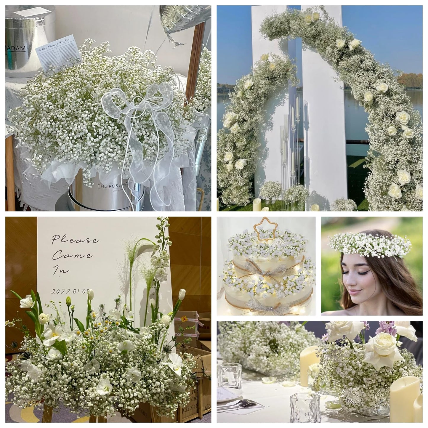 Dolicer 15 Pcs Babys Breath Artificial Flowers, White Long Stem Baby Breath Flowers Artificial Bulk, Real Touch Fake Babys Breath Gypsophila for Wedding Bridal Bouquet Party Arrangements Home Decor
