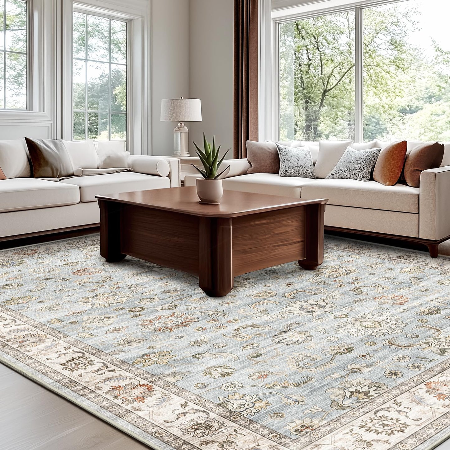 WITSHOCK 5x7 Washable Area Rug, Vintage Rug Traditional Floor Cover, Boho Rug for Living Room Bedroom Kitchen Accent Rug, Non-Slip Stain Low Pile Resistant Floor Carpet, Light Blue