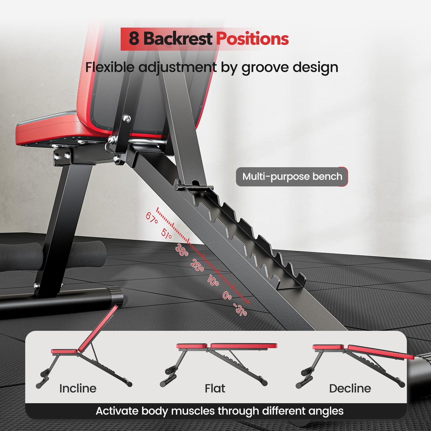 NICEPEOPLE Basic Weight Bench for Home Gym, Foldable Workout Bench with 8 Backrests, 660LBS Weight Capacity Adjustable Bench