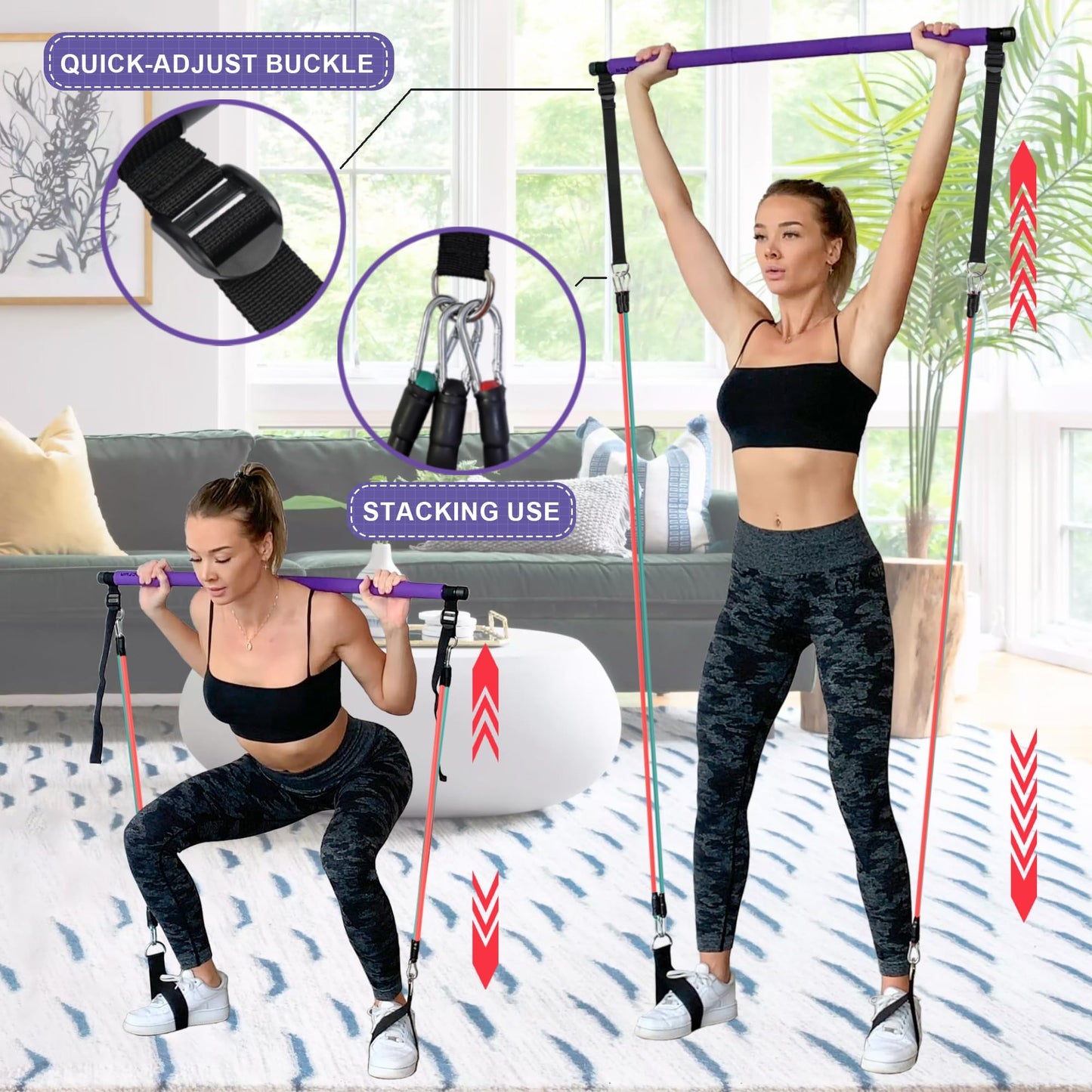 Goocrun Portable Pilates Bar Kit with Resistance Bands for Men and Women - Home Gym, Workout Kit for Body Toning – with Fitness Poster and Video