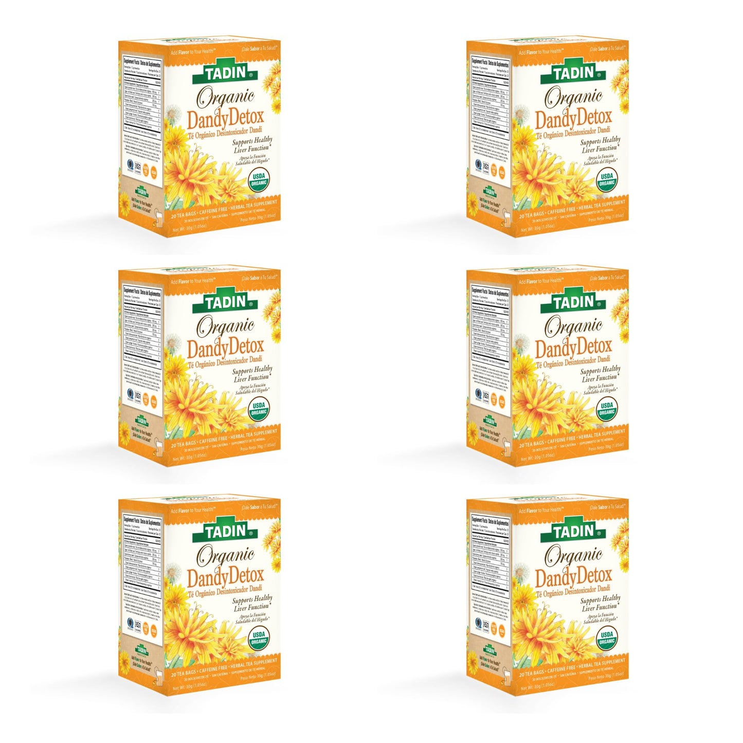 Tadin Organic Dandy Detox Tea, Dandelion Root Tea, Herbal Tea, Liver Support Tea, Organic Tea, Caffeine Free Tea, Wellness Tea, 20 Tea Bags Per Box, Pack of 6