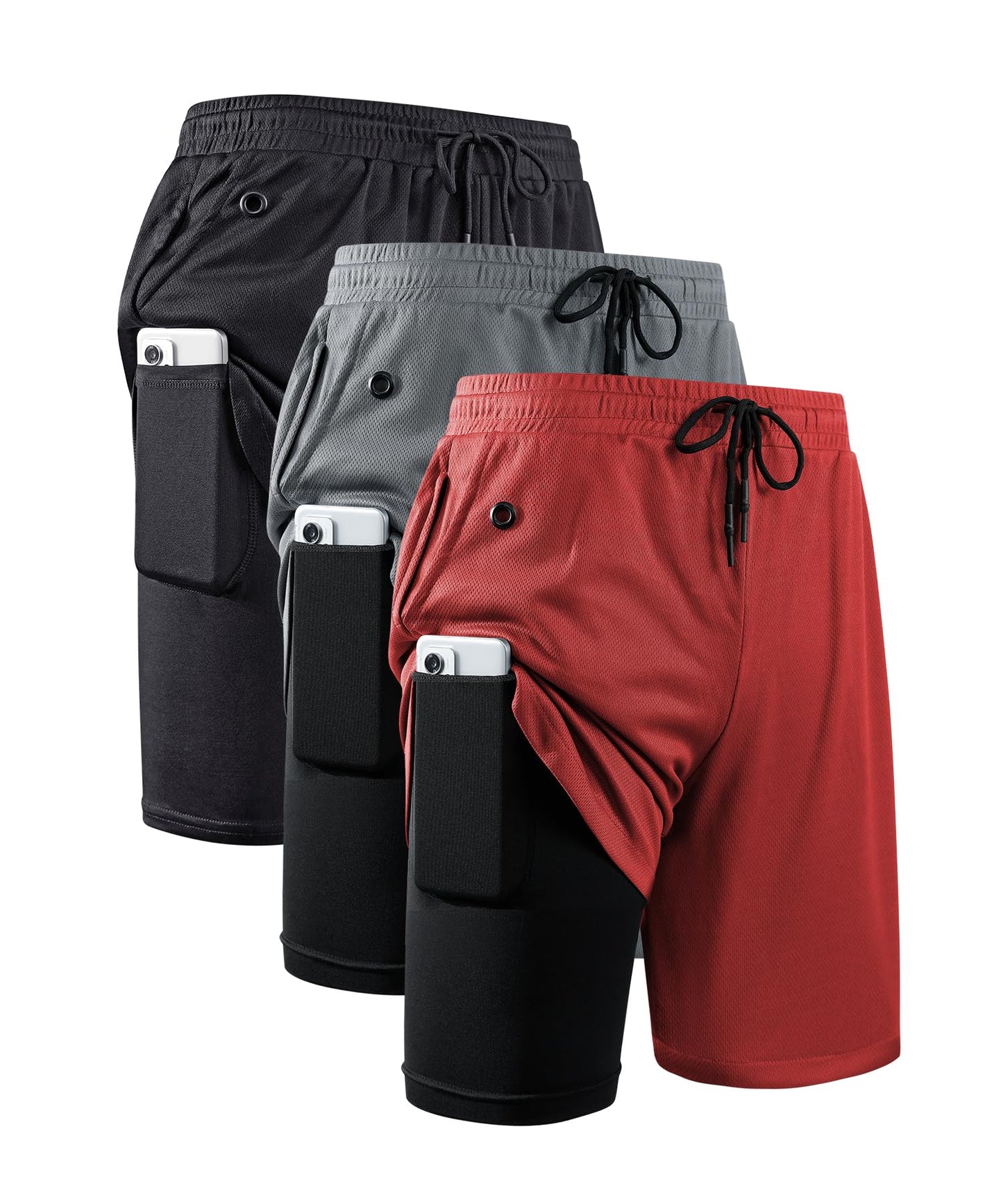 JWJ 3 Pack Mens 2 in 1 Running Shorts Quick Dry Gym Athletic Workout Shorts with Compression Liner,Black Dark Grey Red XL