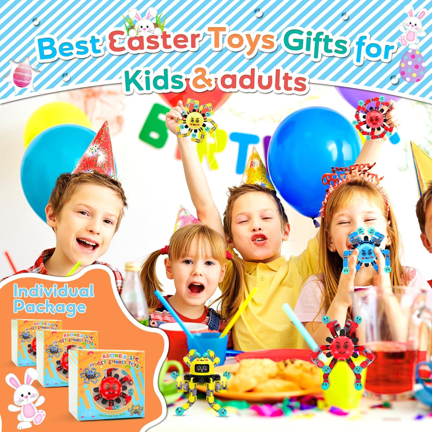 ASIOWELY Transformable Fidget Spinner Toys for Kids and Adults,4 PCS Easter Basket Stuffers Finger Sensory Toy for Teens with Autism ADHD Anxiety Relief,Birthdays Gifts for Boys Girl Travel Game