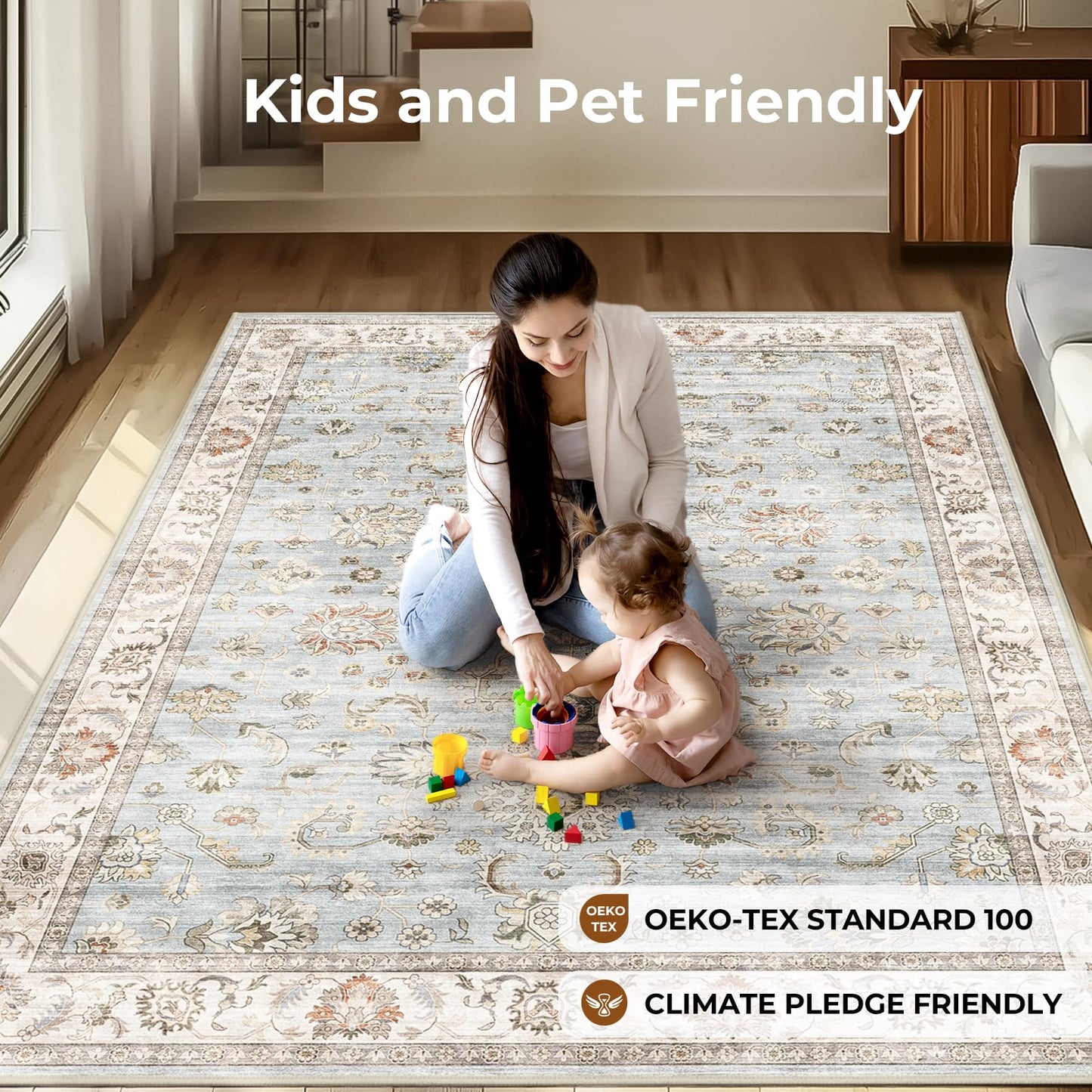 WITSHOCK 5x7 Washable Area Rug, Vintage Rug Traditional Floor Cover, Boho Rug for Living Room Bedroom Kitchen Accent Rug, Non-Slip Stain Low Pile Resistant Floor Carpet, Light Blue