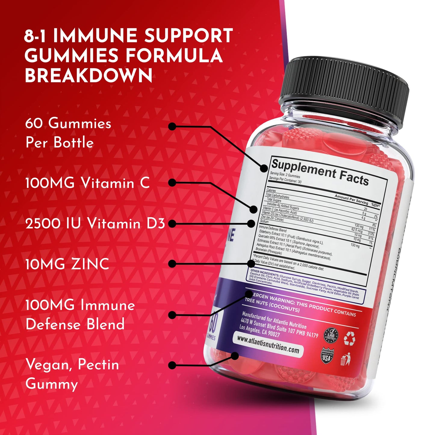 Atlantis Nutrition 8-in-1 Immune Support Gummies with Elderberry | Immune Supplement with Elderberry, Quercetin, Zinc, Vitamin C - Immunity Boosters for Adults & Kids - Delicious Flavor - 60 Count