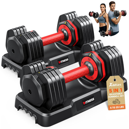 XDDIAS Adjustable Dumbbells Set,5LB to25LB Sets of 2 for Home Gym Equipment, 5 in 1 Free Weights with dumbbell set, Anti-Slip Handle for Full Body Workout Suitable Men/Women