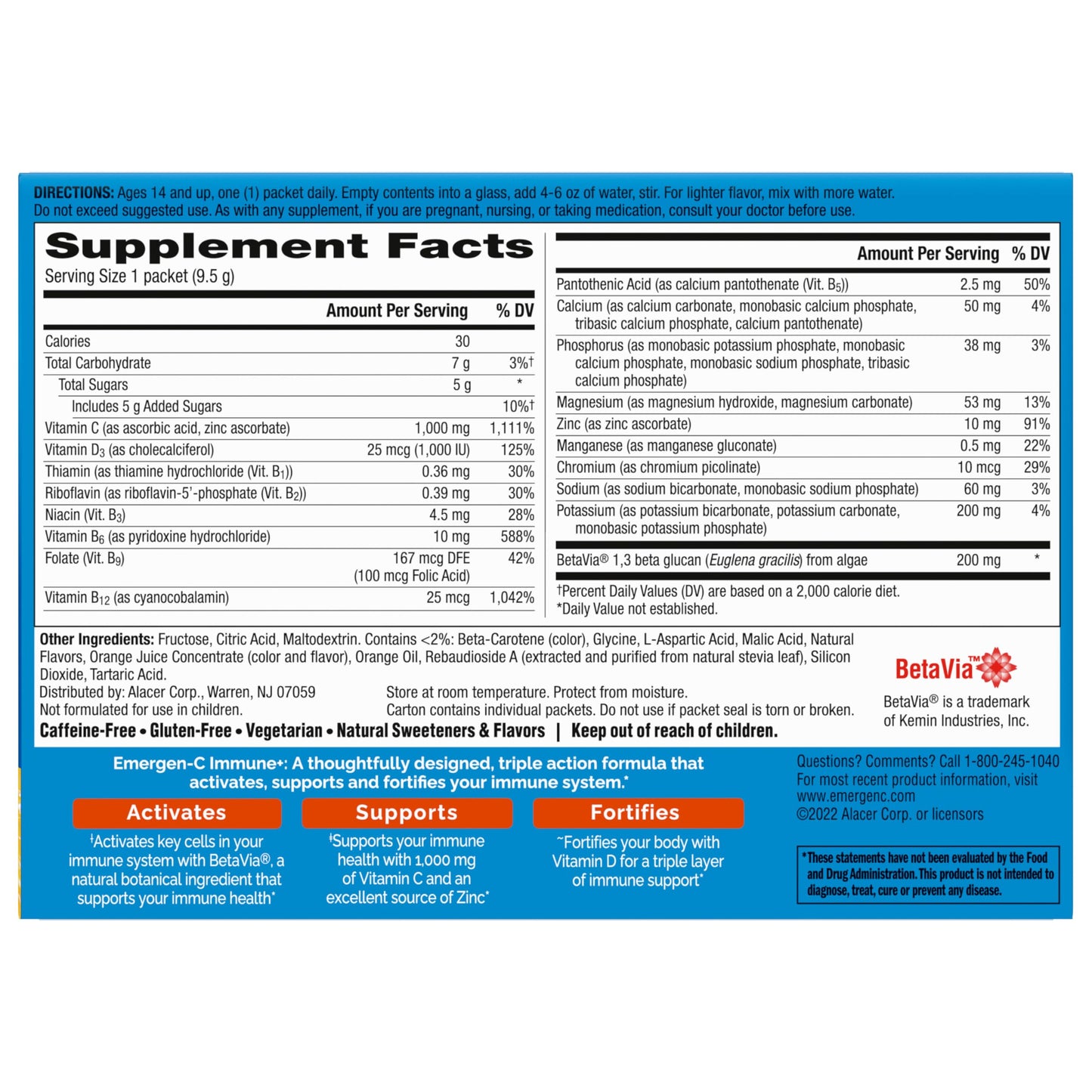 Emergen-C Immune+ Triple Action Immune Support Powder, BetaVia (R), 1000mg Vitamin C, B Vitamins, Vitamin D and Antioxidants, Super Orange – 30 Count (Pack of 1)