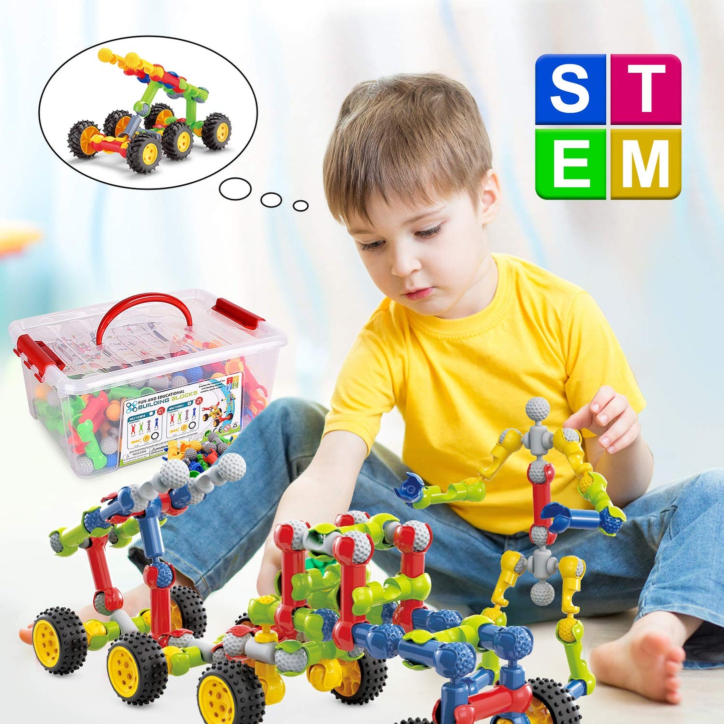 Huaker Stem Building Toys for 3 4 5 6 7 8 Year Old Boys Girls Kids,125 Pieces Building Blocks Educational Learning Toys with Large Storage Box,Ideal Christmas Birthday Gifts