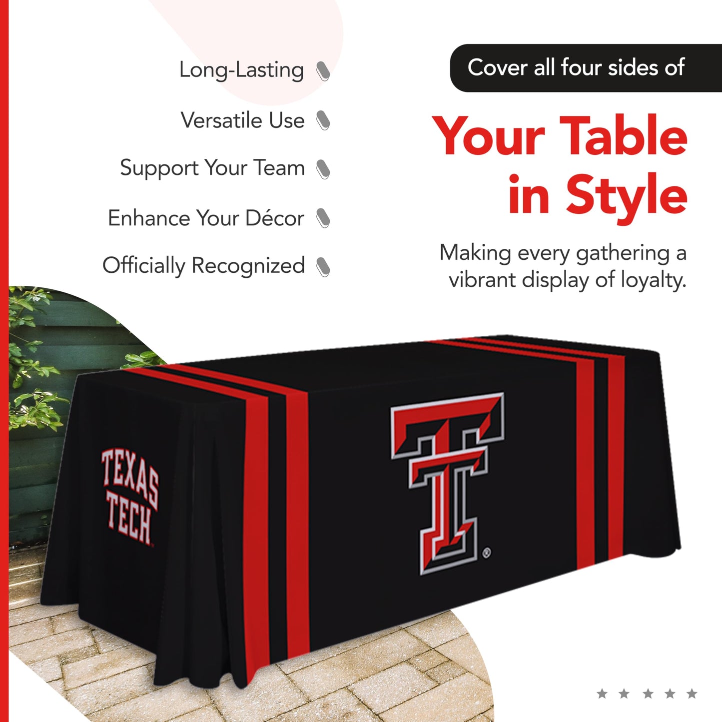 Victory Corps Texas Tech Red Raiders 6' College Sports Printed Table Throw - NCAA Licensed - Polyester Draped - School Tablecloth (Black, Red)
