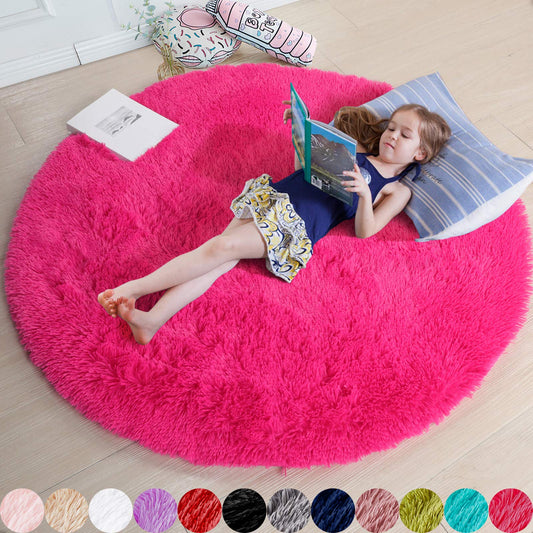 Hot Pink Round Rug 4Ft for Girls Bedroom, Fluffy Circle Area Rugs for Kids Room Decor Aesthetic, Shag Plush Fuzzy Furry Carpet for Living Room, Nursery, Dorm, Classroom, Teen, Cute Baby Barbie Rug