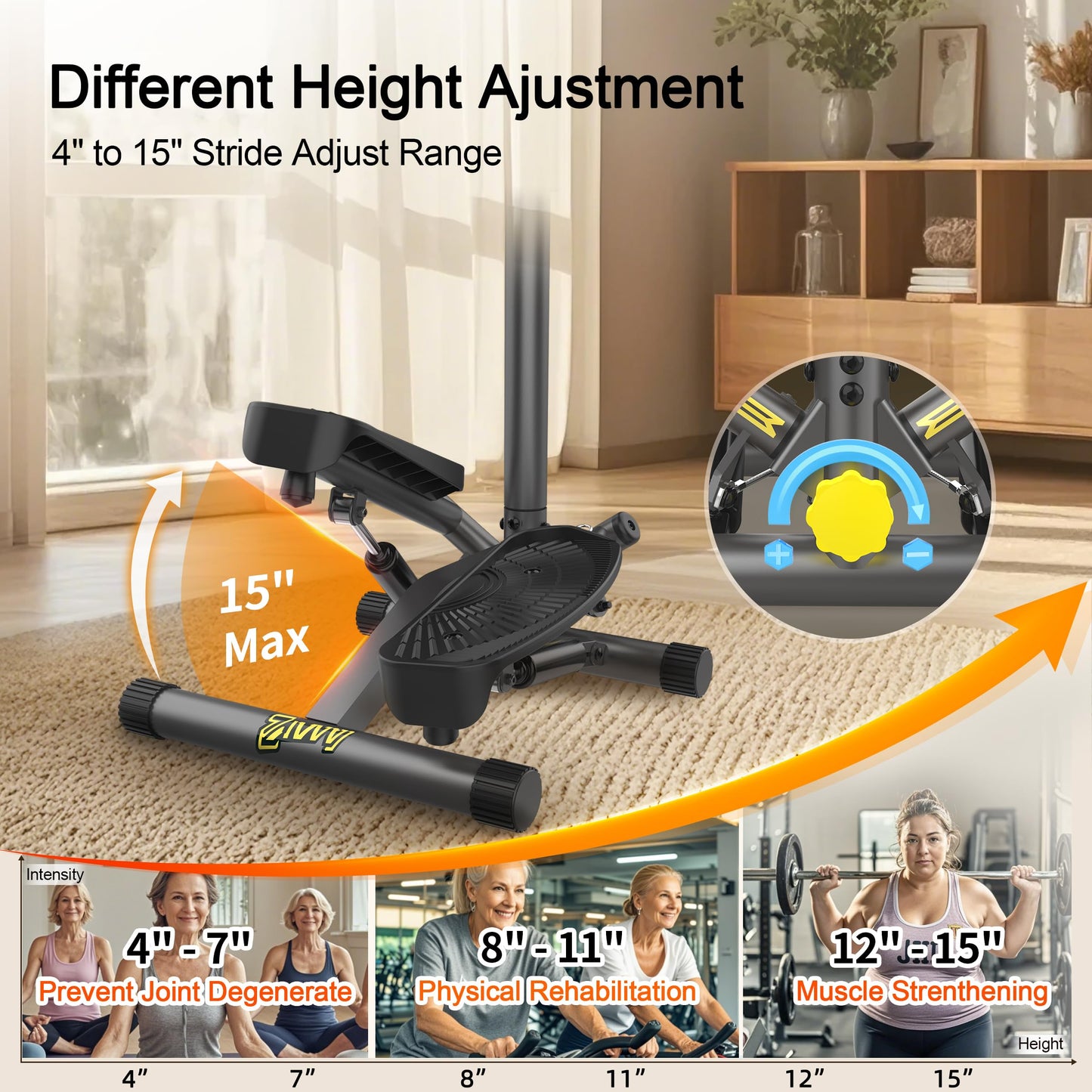 ZIWWVY Stepper Machine with Resistance Bands & Handlebar, Mini Stepper with 300LBS Weight Capacity, Twist Stepper for Full Body Workout, Adjust Step Height, Smooth & Quiet, Step Machine for Men Women