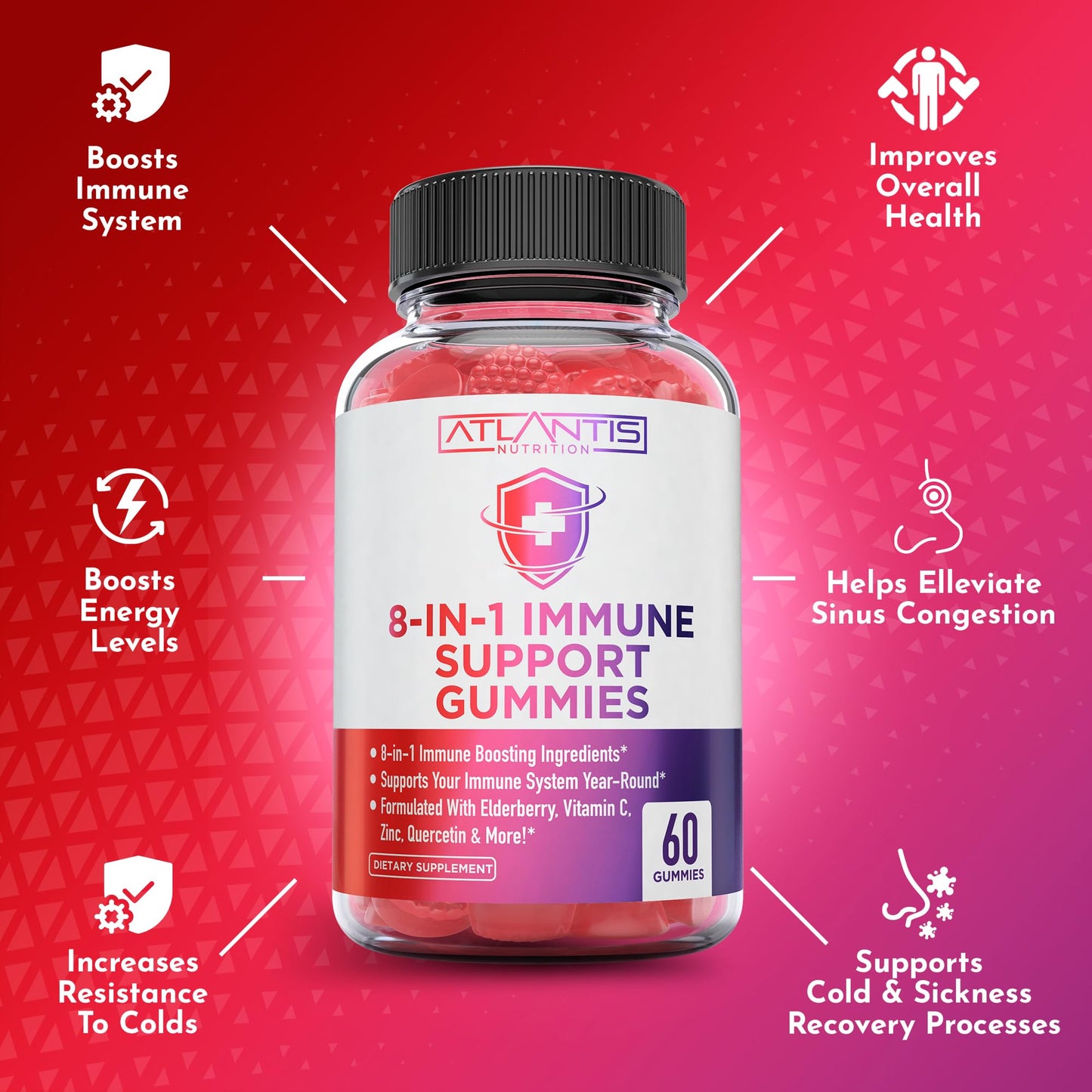 Atlantis Nutrition 8-in-1 Immune Support Gummies with Elderberry | Immune Supplement with Elderberry, Quercetin, Zinc, Vitamin C - Immunity Boosters for Adults & Kids - Delicious Flavor - 60 Count