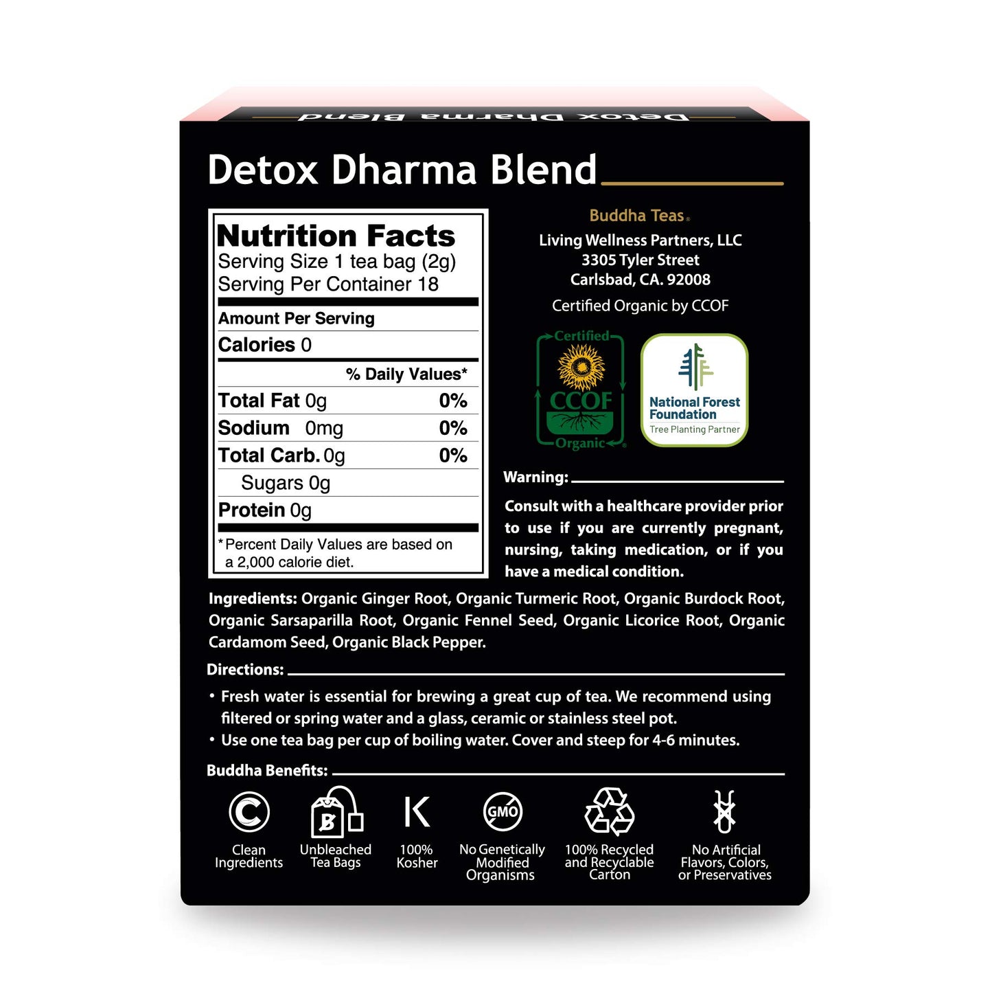 Buddha Teas Organic Detox Dharma Blend - OU Kosher, USDA Organic, CCOF Organic, 18 Bleach-Free Tea Bags