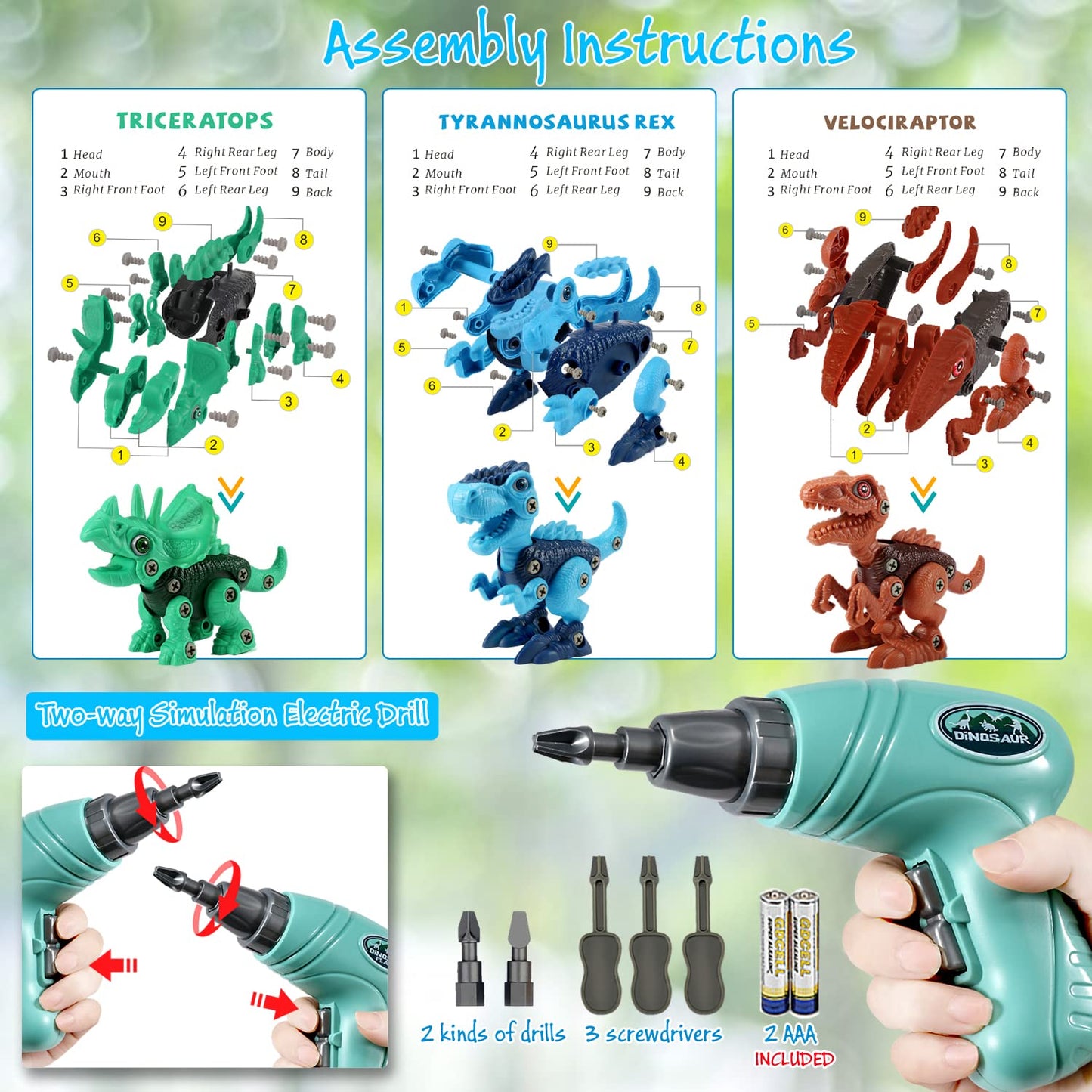 FREE TO FLY Dinosaur Toys for Kids 3-5: Take Apart STEM Learning Toys, Building Construction Sets with Electric Drill, Birthday Gifts for Boys Girls Age 4 5 6 7 8 Year Old