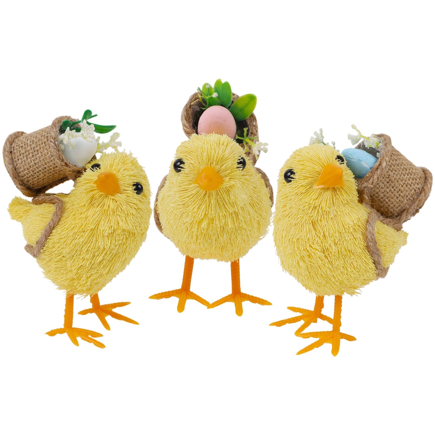 DR.DUDU Set of 3 Easter Decorations 4.5" Straw Chick Figurines with Egg Baskets, Realistic Baby Chick Tabletop Decor, Sisal Chicken Statue Farm Animal Spring Decor for Home Kitchen Office Farmhouse