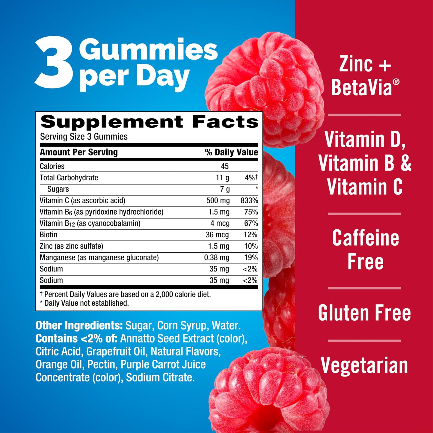 Emergen-C Immune+ Immune Gummies, Vitamin D Plus 750 mg Vitamin C, Immune Support Dietary Supplement, Caffeine Free, Gluten Free, Raspberry Flavor - 45 Count