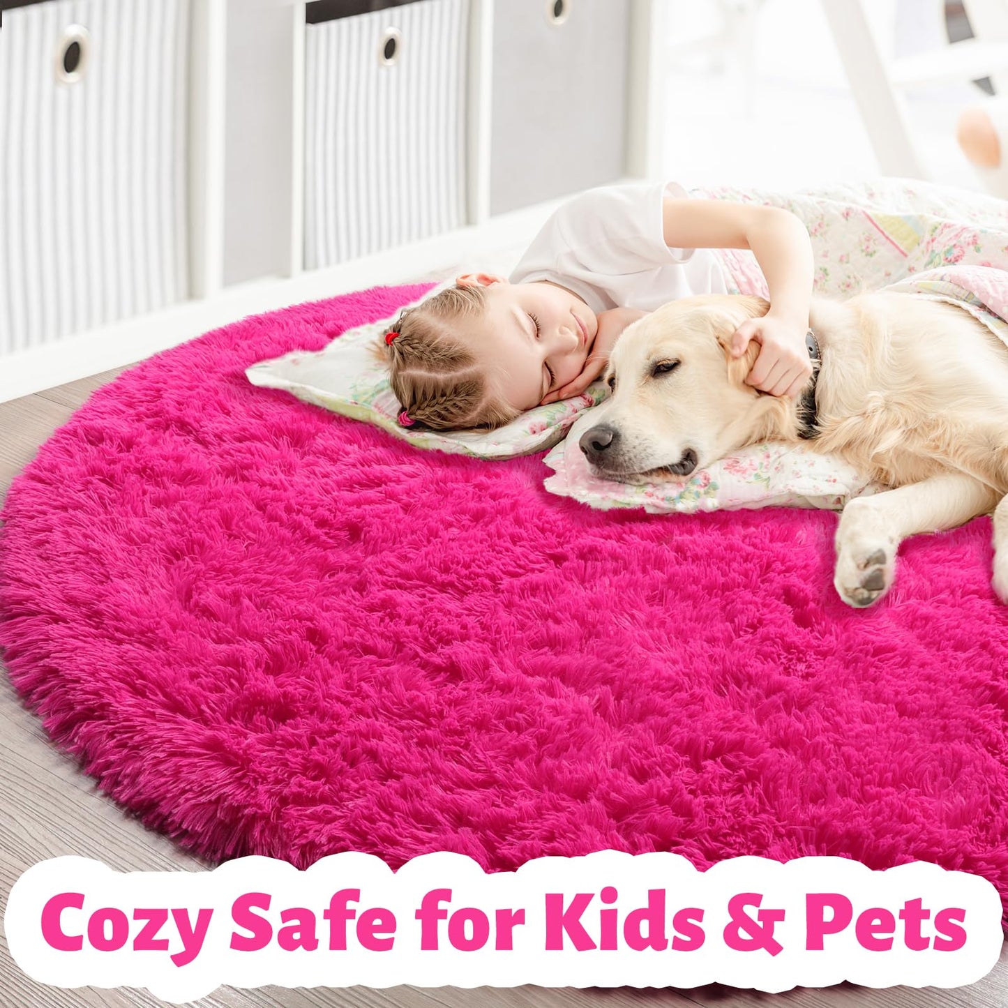 Hot Pink Round Rug 4Ft for Girls Bedroom, Fluffy Circle Area Rugs for Kids Room Decor Aesthetic, Shag Plush Fuzzy Furry Carpet for Living Room, Nursery, Dorm, Classroom, Teen, Cute Baby Barbie Rug