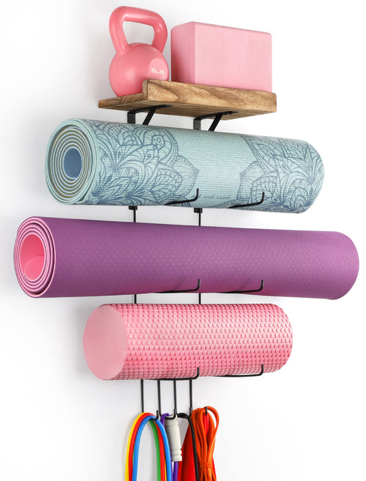 VINAEMO Yoga Mat Holder Accessories Wall Mount Organizer Storage Decor Foam Roller and Towel Storage Rack with 4 Hooks and Wooden Shelves Yoga Mats Rack Resistance Bands for Home Gym School Office