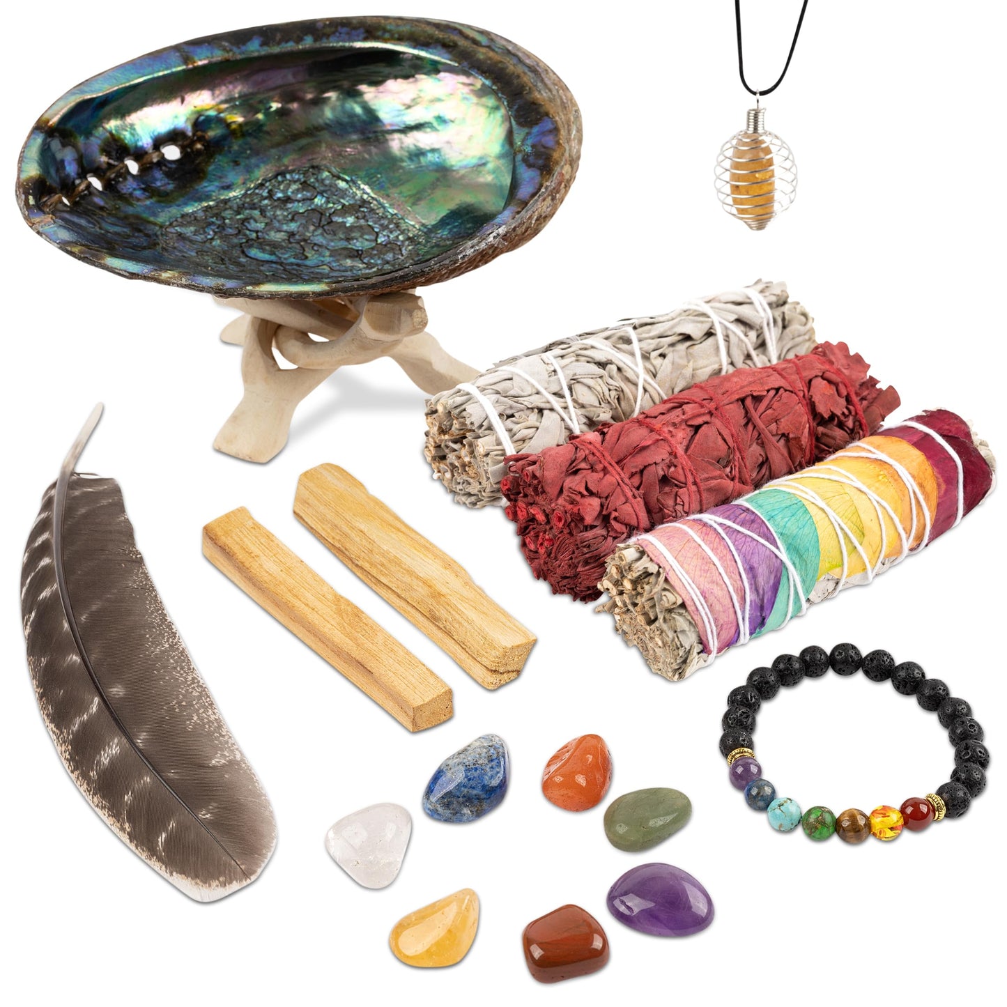Wish Well Sage Smudge Kit ~ 4" Dragon Blood, Chakra Sage, White Sage Smudge Stick, 2 Palo Santo Sticks, Abalone Shell, Stand, Feather, 7 Chakra Stones & Crystal Bracelet ~ Cleansing House & Meditation