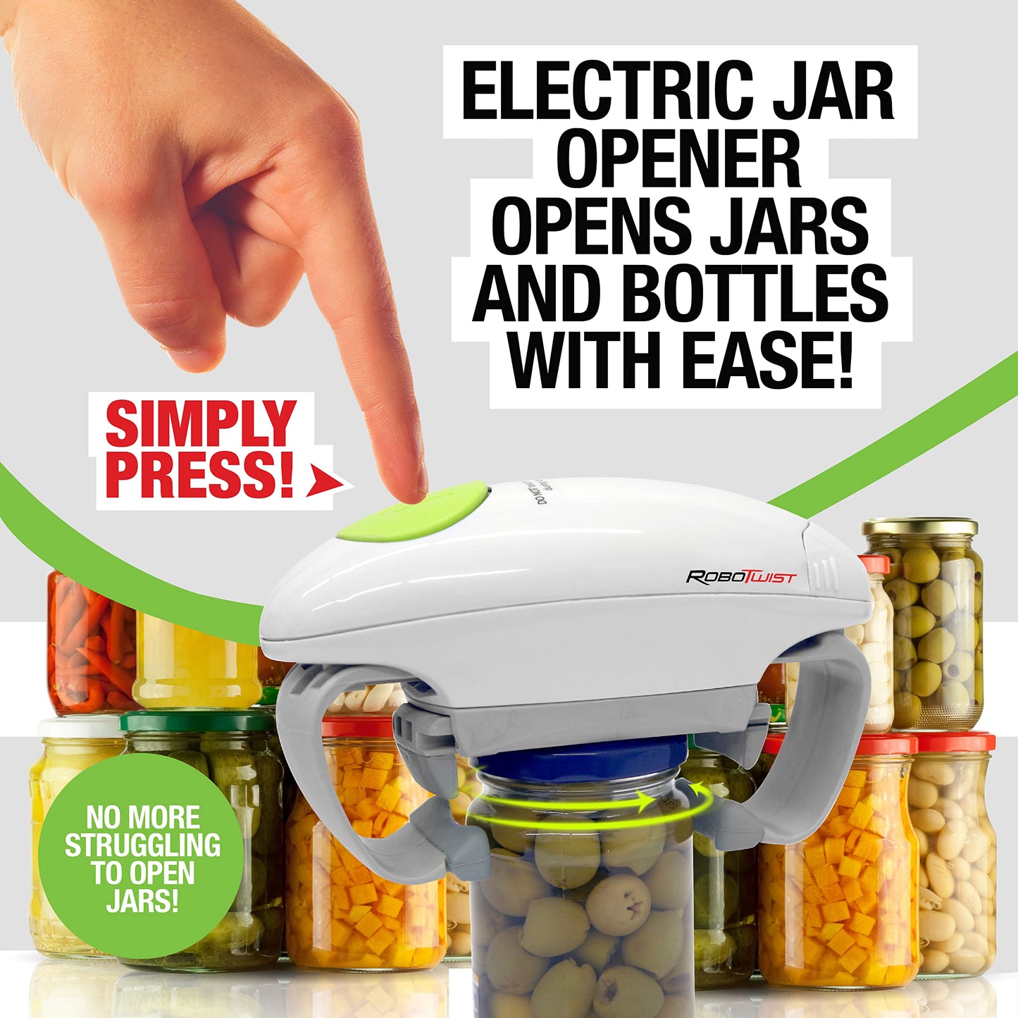 Robotwist Jar Opener, Automatic Jar Opener, Deluxe Model with Improved Torque, Robo Twist Kitchen Gadgets for Home, Electric Handsfree Easy Jar Opener – Works on All Jar Sizes, As Seen on TV