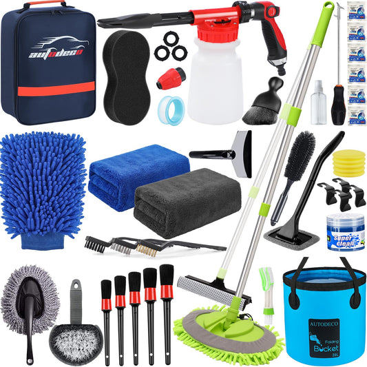 AUTODECO 42Pcs Car Wash Detailing Kit Cleaning Kits with Foam Gun Sprayer Wash Brush with Long Handle Collapsible Bucket Large Wash Mitt Towels Complete Interior Exterior Car Washing Supply Set Blue