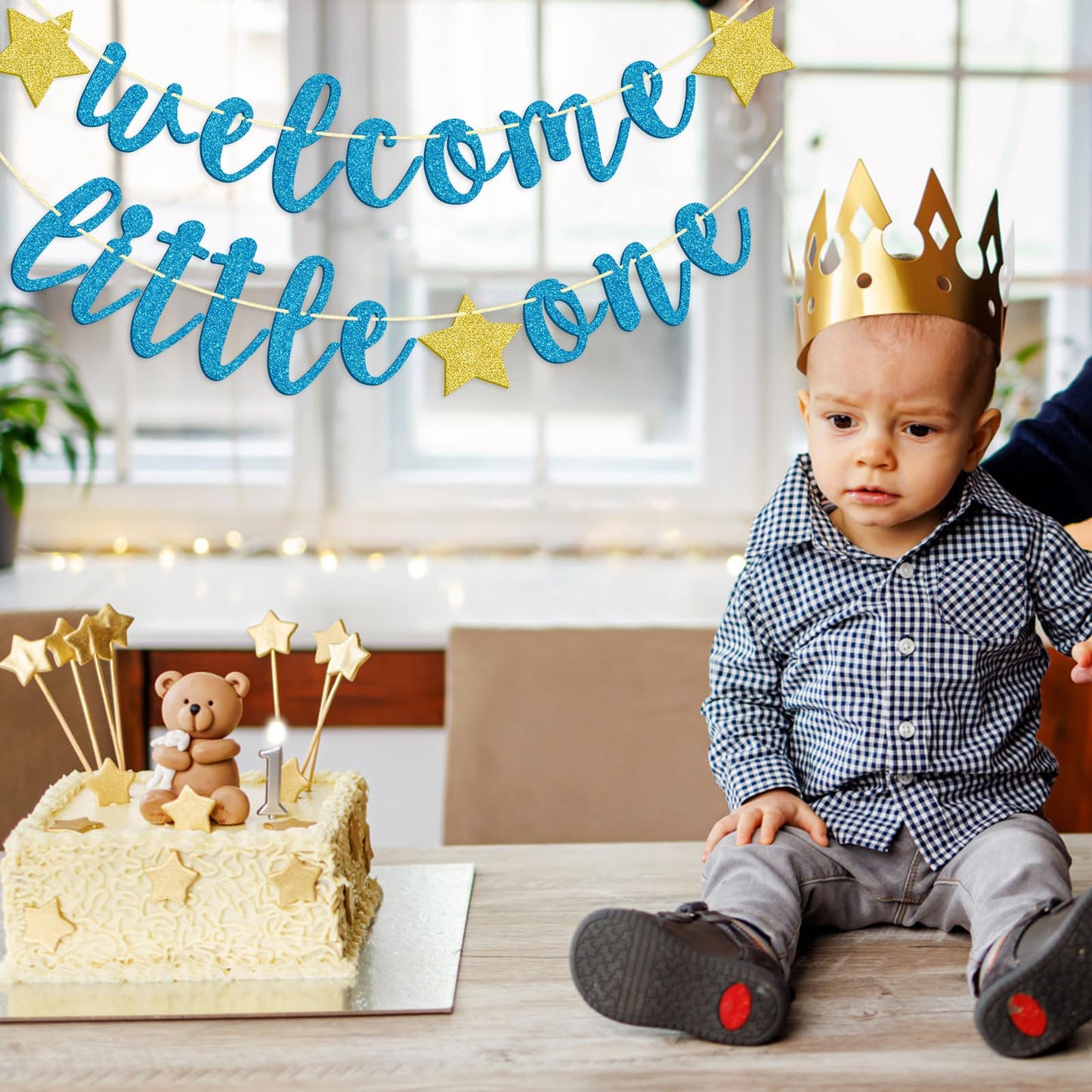 Welcome Little One Glitter Banner, Pre-strung Baby Shower Banner, Gender Reveal Party Decor (Blue)