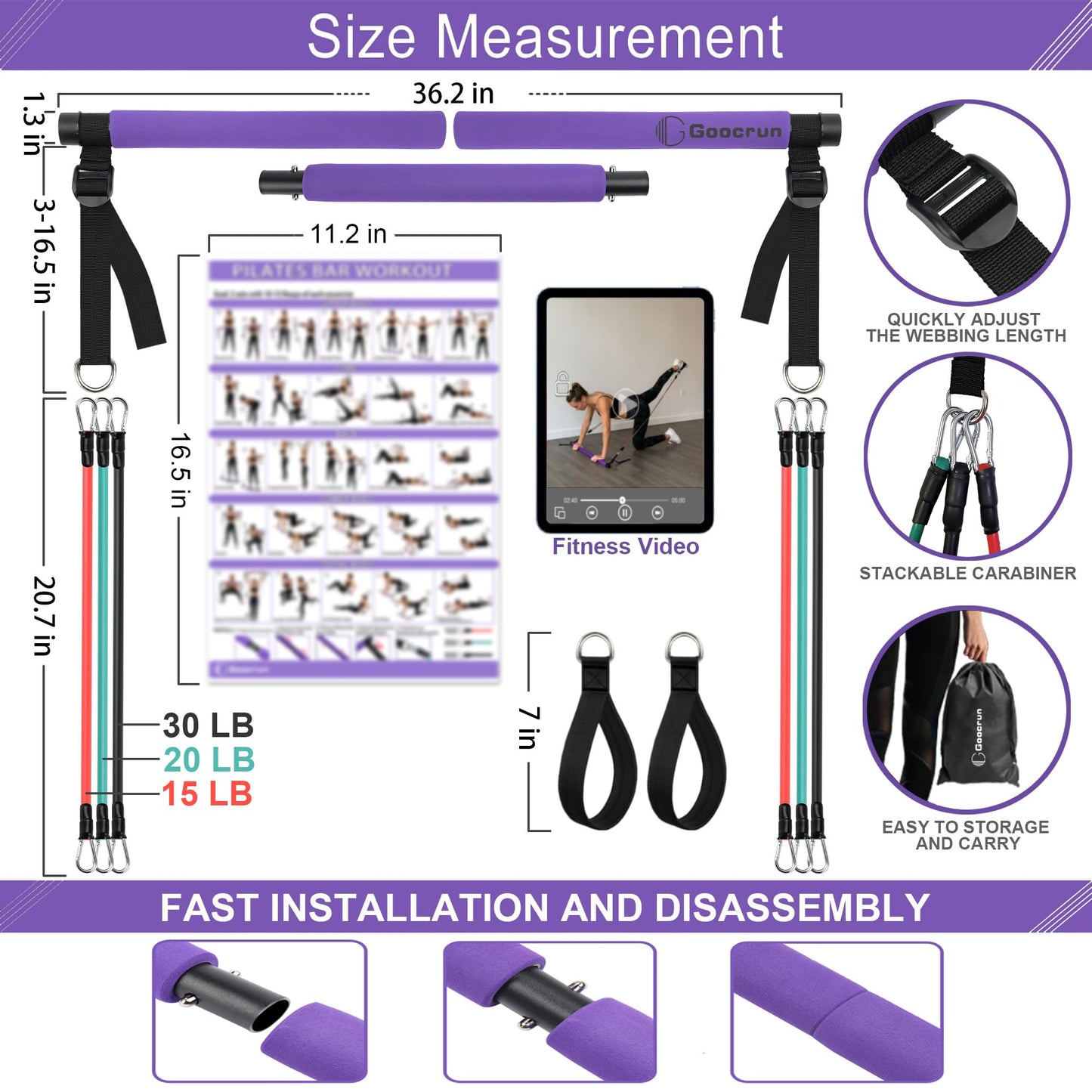 Goocrun Portable Pilates Bar Kit with Resistance Bands for Men and Women - Home Gym, Workout Kit for Body Toning – with Fitness Poster and Video