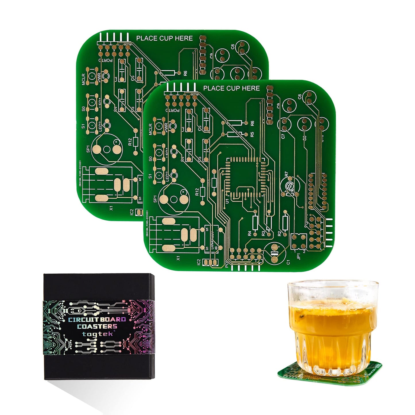 Coasters for Drinks in PCB-Design Green Coasters Decor with Immersion Gold Circuit Board Coasters for Coffee Table Bar Office Tech Gifts for Boyfriend Gamer Geek Engineer Dad Men Anniversary