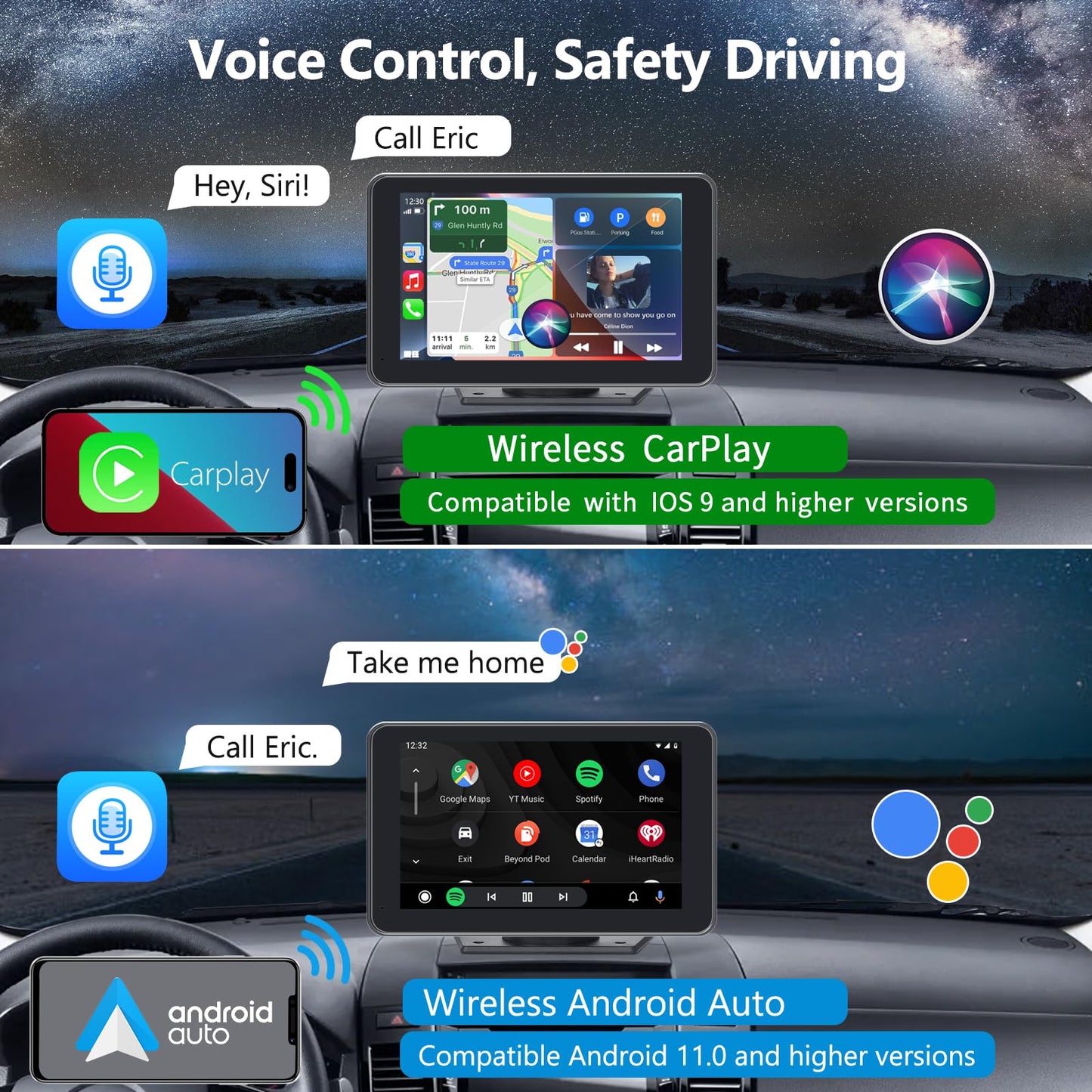 Gegaibe Wireless Car Stereo with Apple CarPlay/Android Auto, Portable Touch Screen Car Radio Multimedia Player with Bluetooth, Backup Camera, Navigation, Mirror Link for All Vehicles