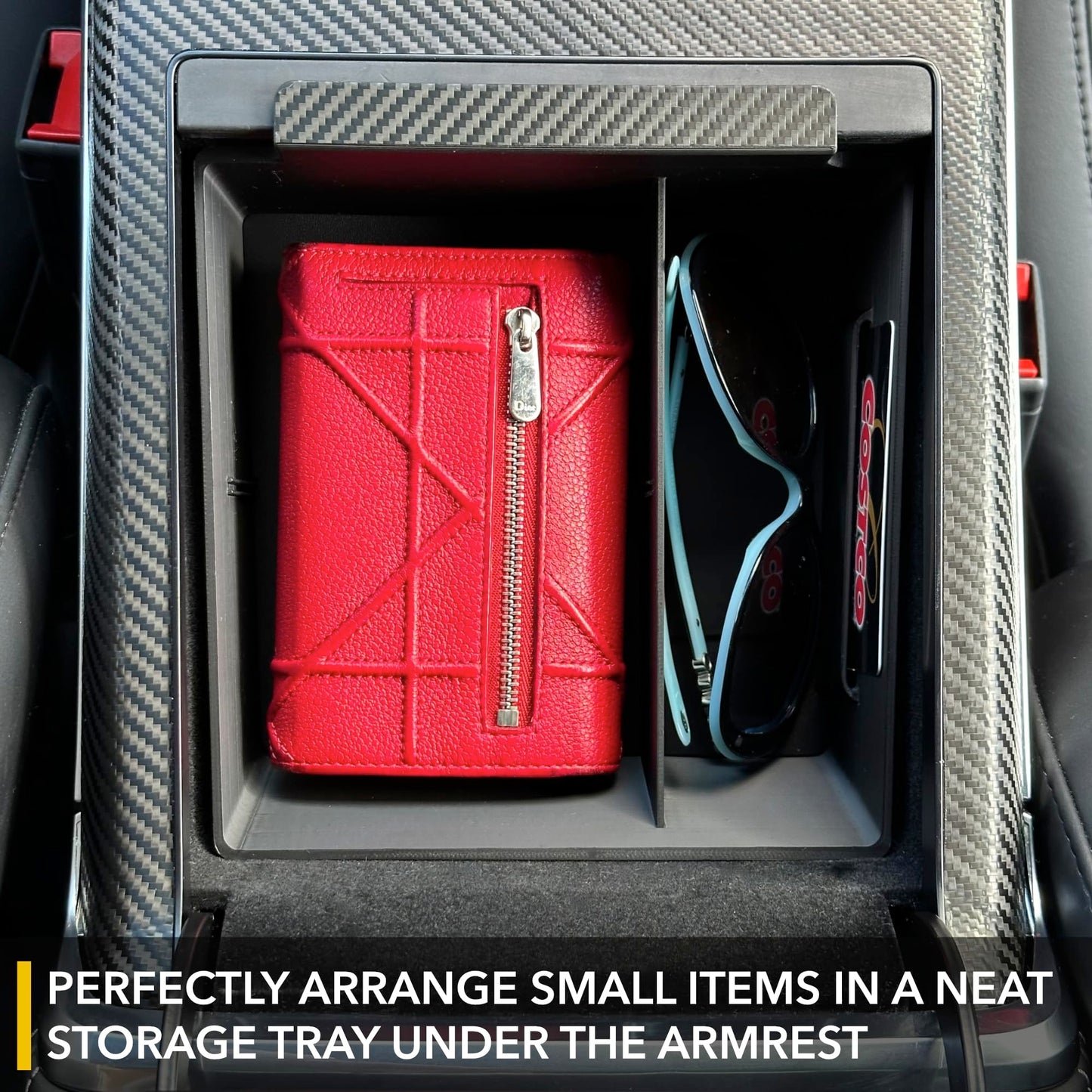 TWRAPS Center Console Organizer for Tesla Model X and Tesla Model S, Carbon Fiber Detail Armrest Storage Tray, Premium Faux Leather Inserts, Accessories Fit Model S/X 2025 2024 2023 2022 2021