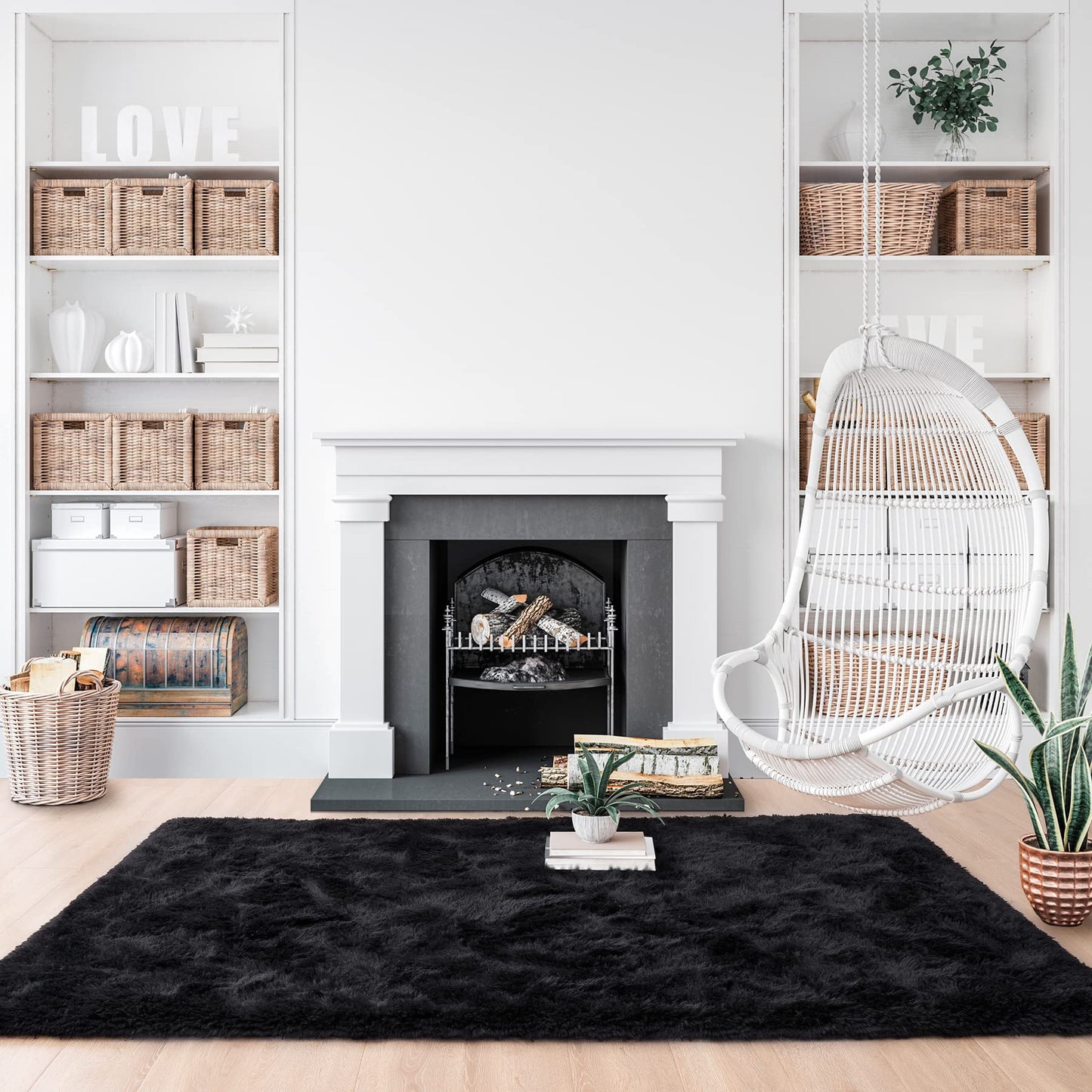 Noahas Fluffy Area Rugs for Living Room,4x5.3 Feet Black Rugs for Bedroom,Thick Shag Throw Floor Carpet,Soft Shaggy Bedside Non-Slip Plush Dorm Nursery Kids Rug Home Decor Aesthetic