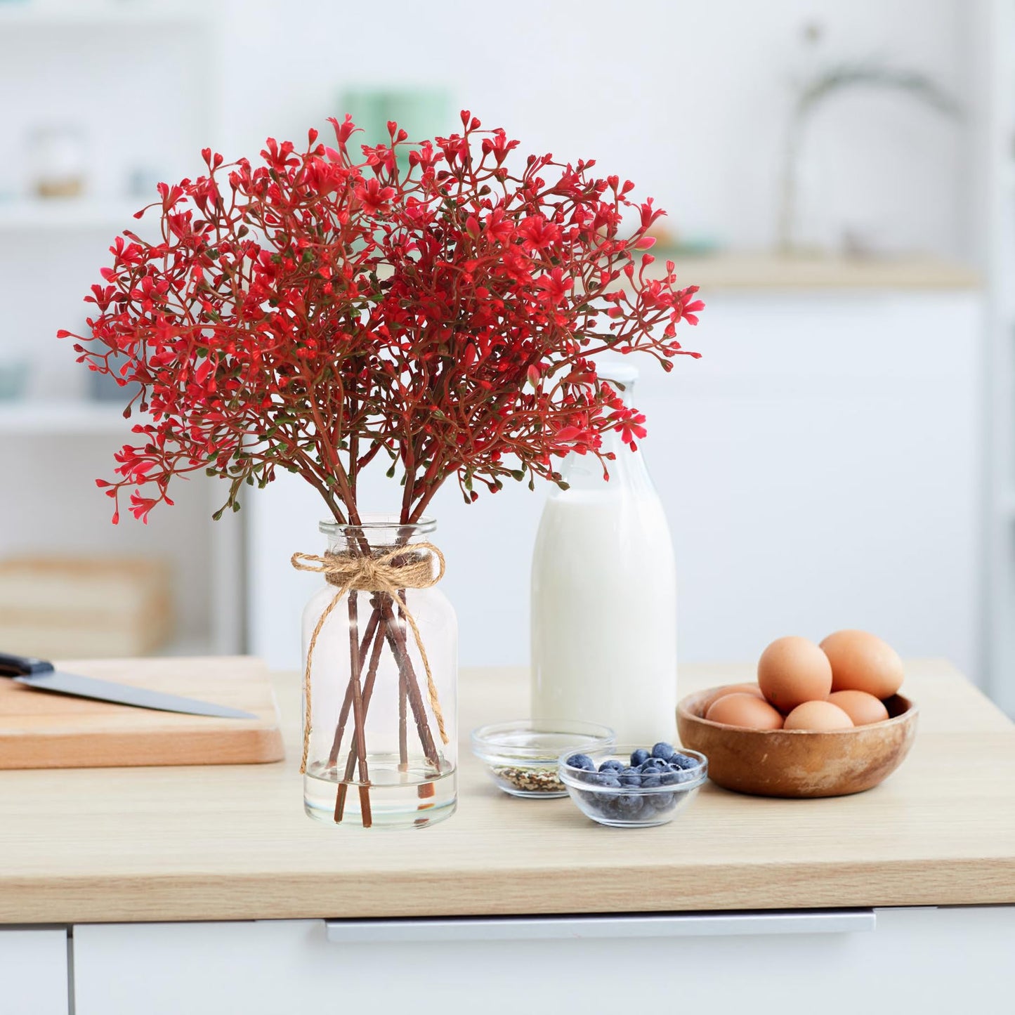TSIPEKLO Babys Breath Artificial Flowers in Glass Vase with Faux Water, 14" Faux Baby Breath Plastic Red Flowers Fake Gypsophila Flower for Home Office Farmhouse Wedding Centerpiece Décor