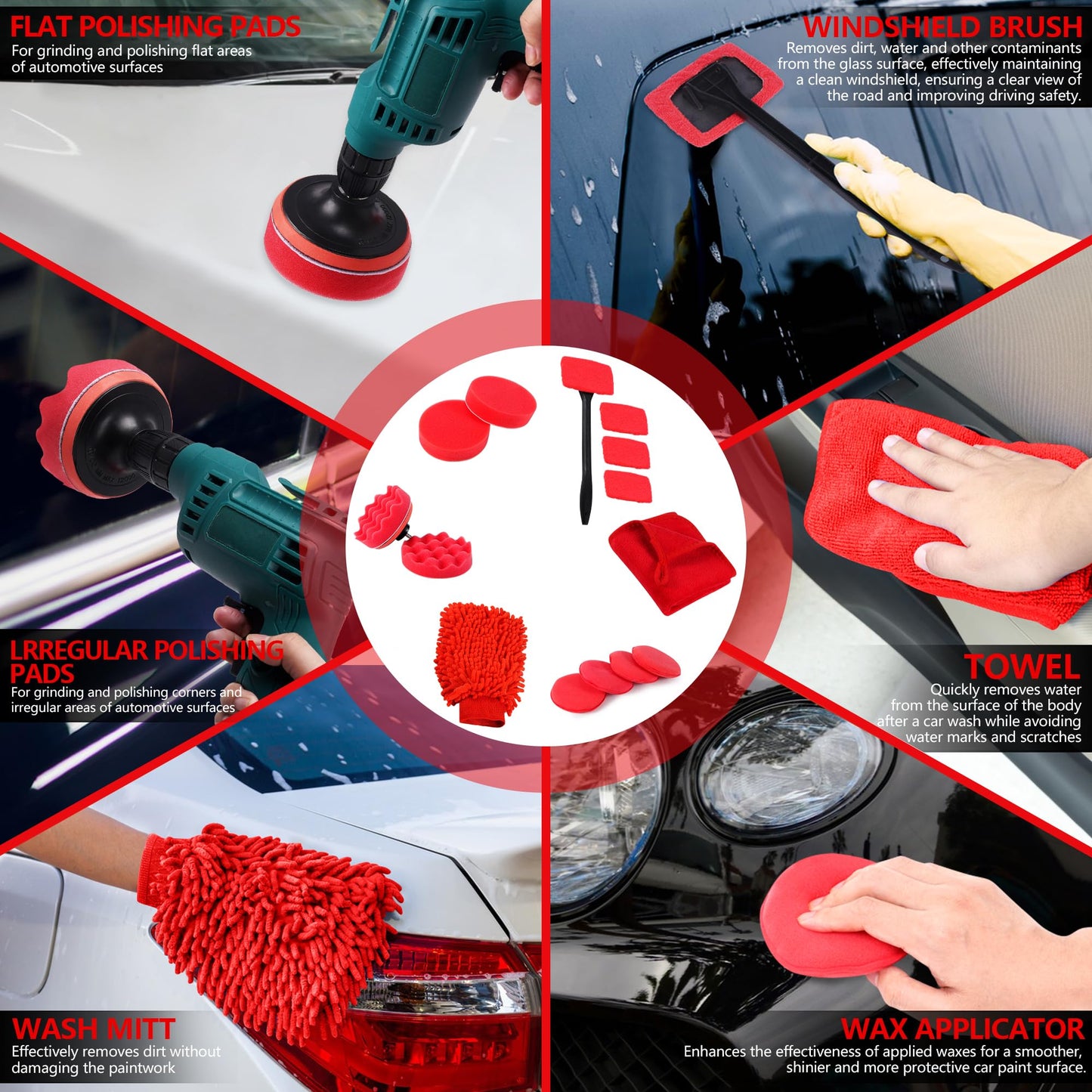MIANYINGR 35Pcs Car Detailing Kit, Drill Brush Attachments with Detailing Brush Set and Tools Box, Red Auto Cleaning Kit Interior for Wheels, Dashboard, Windows (B：35PCS-R)