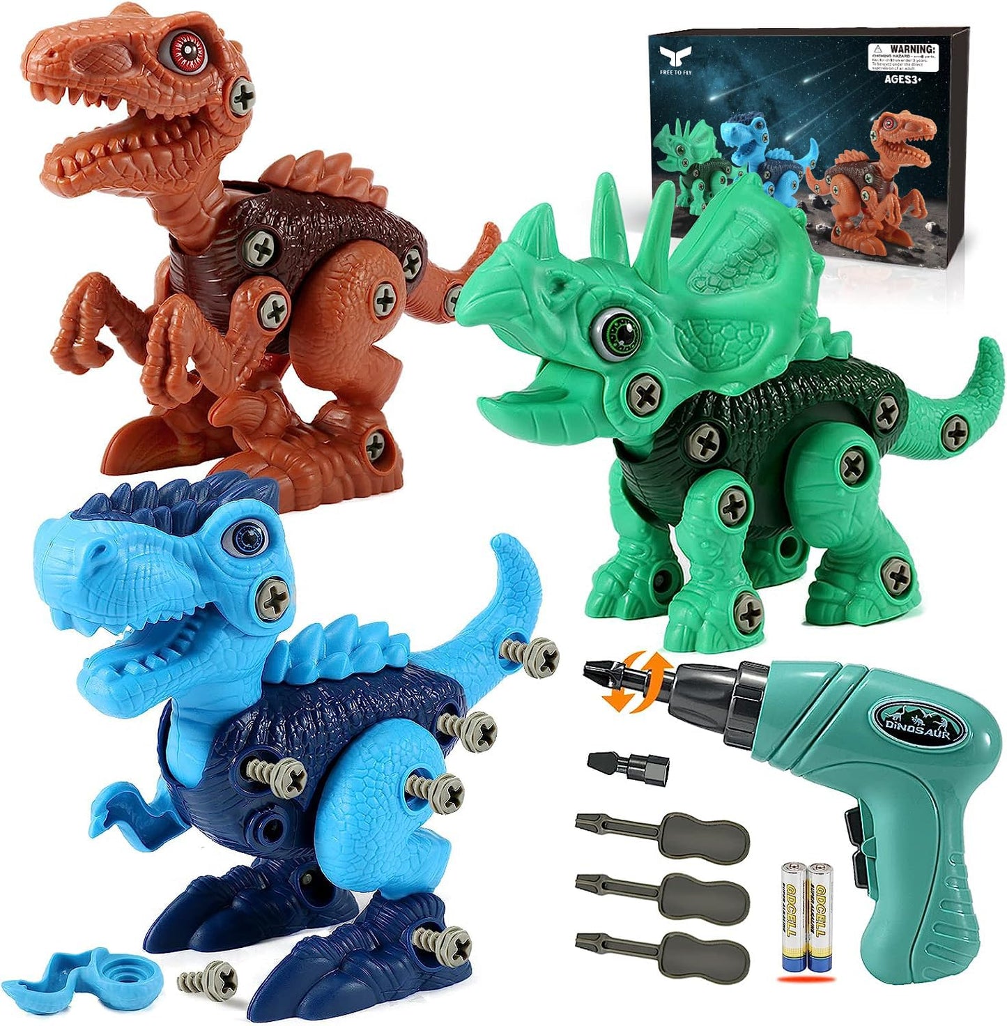 FREE TO FLY Dinosaur Toys for Kids 3-5: Take Apart STEM Learning Toys, Building Construction Sets with Electric Drill, Birthday Gifts for Boys Girls Age 4 5 6 7 8 Year Old