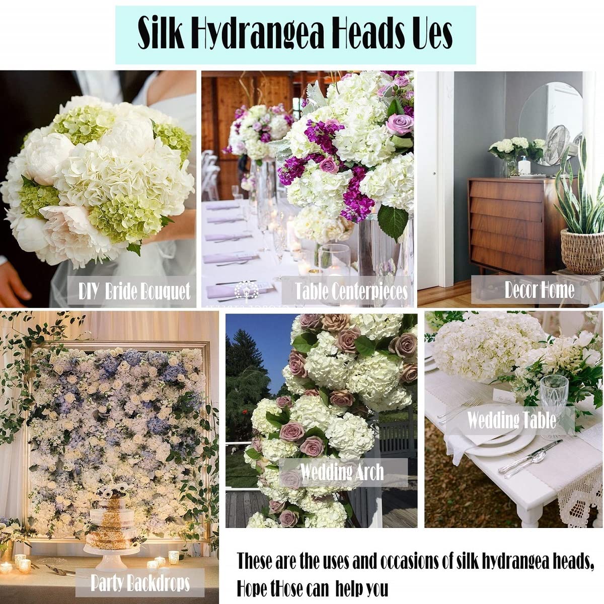 Exoment Silk Hydrangea Heads with Stems,Ivory White Artificial Flower Heads DIY Wedding Centerpiece Home Party Baby Shower Decor (10, Ivory White)