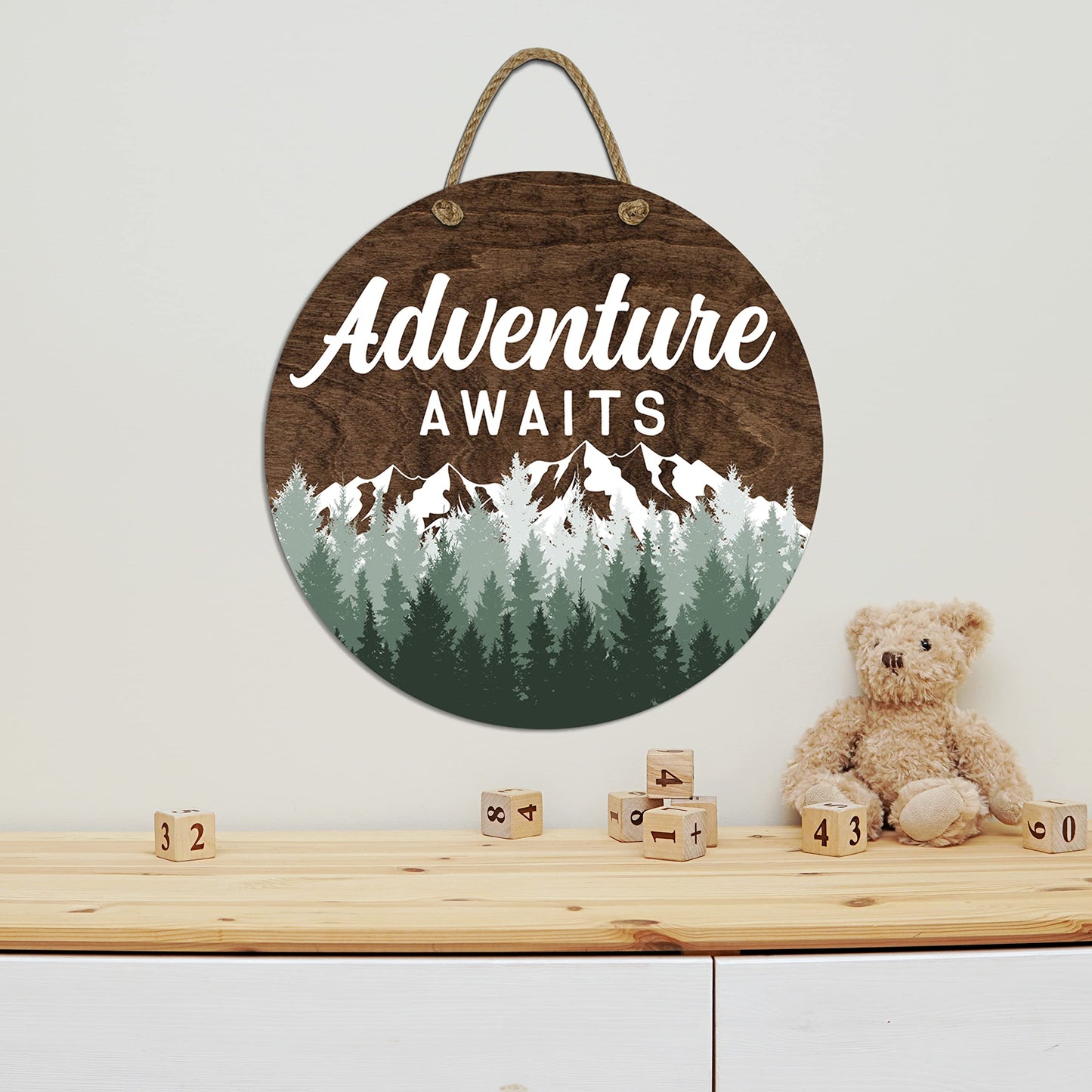 Adventure Awaits Hanging Wall Sign, 12" Wood Round, Green Trees Brown Background, Rustic Home Decor, Woodland Baby Shower Decorations,Hickory Hollow Designs (Adventure Awaits (Dark Walnut))