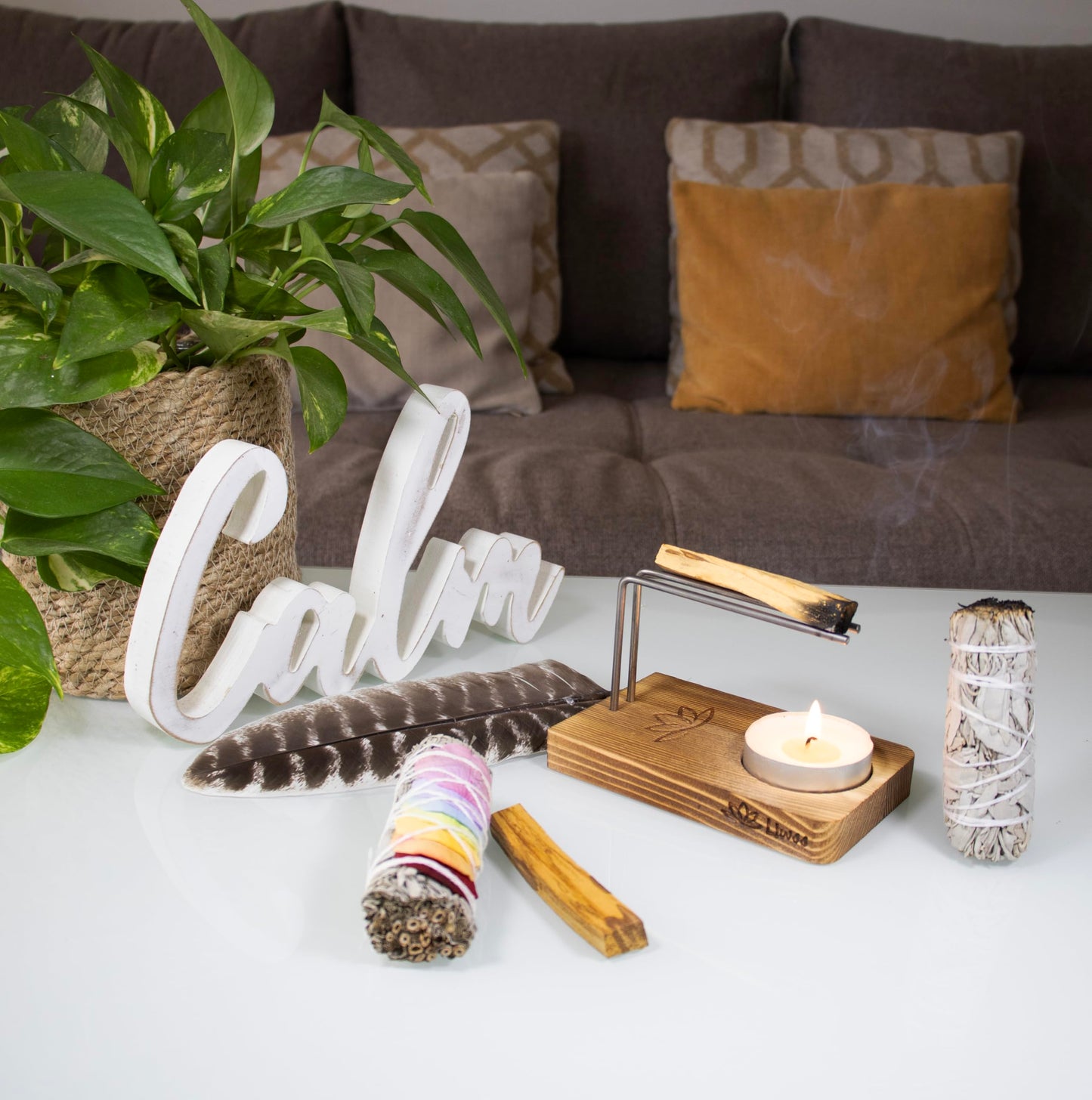Sage Smudge Kit with White Sage and 7 Chakra Smudging Sticks, 2 Palo Santo, Natural Wood Holder Burner, Feather, Smudging Guide, Perfect Spiritual Cleansing Gift in Gift Box