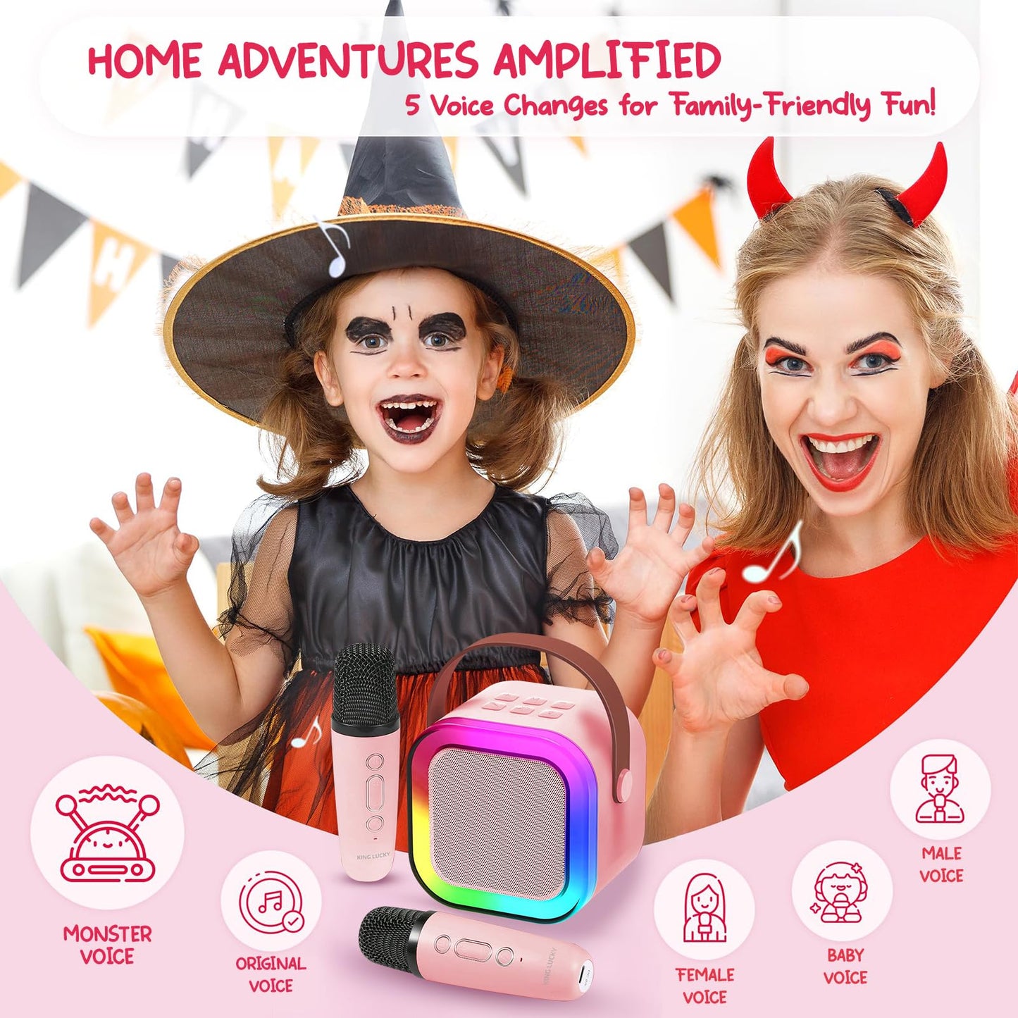 Kinglucky TOP Karaoke Machine for Kids (with Fun Voice Effects & LED Lights) Most Popular Birthday Easter Gifts for 3-12+ Years Old Girls Boys, Mini Karaoke Machine with 2 Wireless Microphones Pink