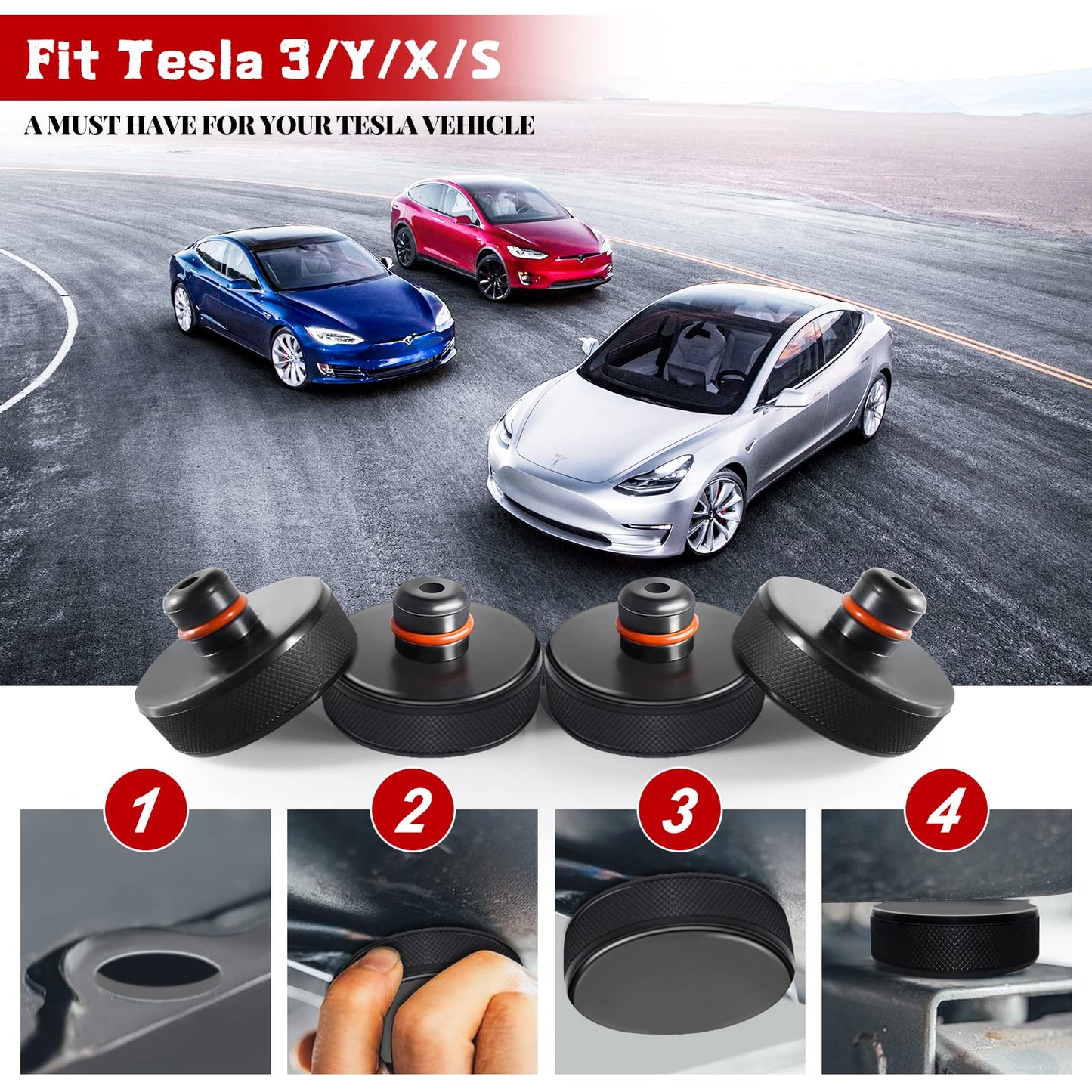 Chirano Lifting Jack Pad for Tesla Model 3/S/X/Y, 4 Pucks with Storage Case, Accessories for Tesla Vehicles 2013 to 2025, NOT Compatible with 2025 New Model Y with 4680 Battery (Texas Built)
