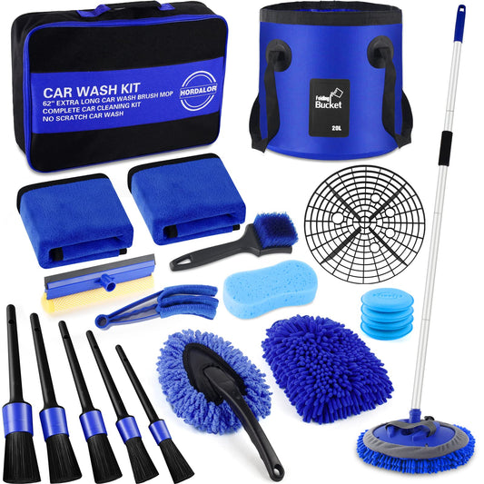 HORDALOR 21Pcs Car Wash Kit,62" Car Wash Brush Mop with Long Handle,Car Cleaning Kit,Car Detailing Brush Set,Car Wash Bucket with Filter,Windshield Window Squeegee for Cars RV Truck Boat