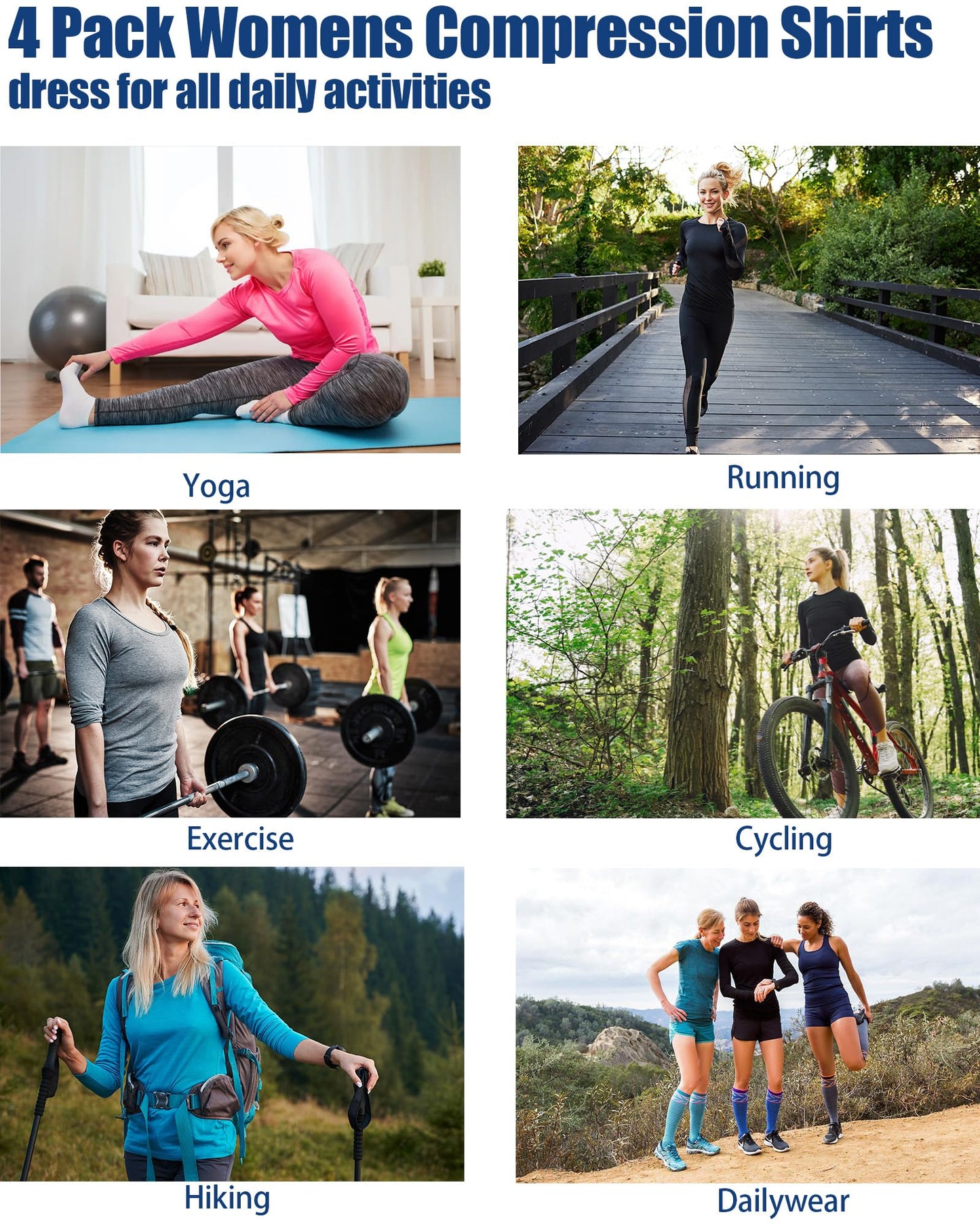 TELALEO 4 Pack Women's Compression Shirt Long Sleeve Performance Workout Baselayer Athletic Top Sports Gear-Black/Black/White/White Large