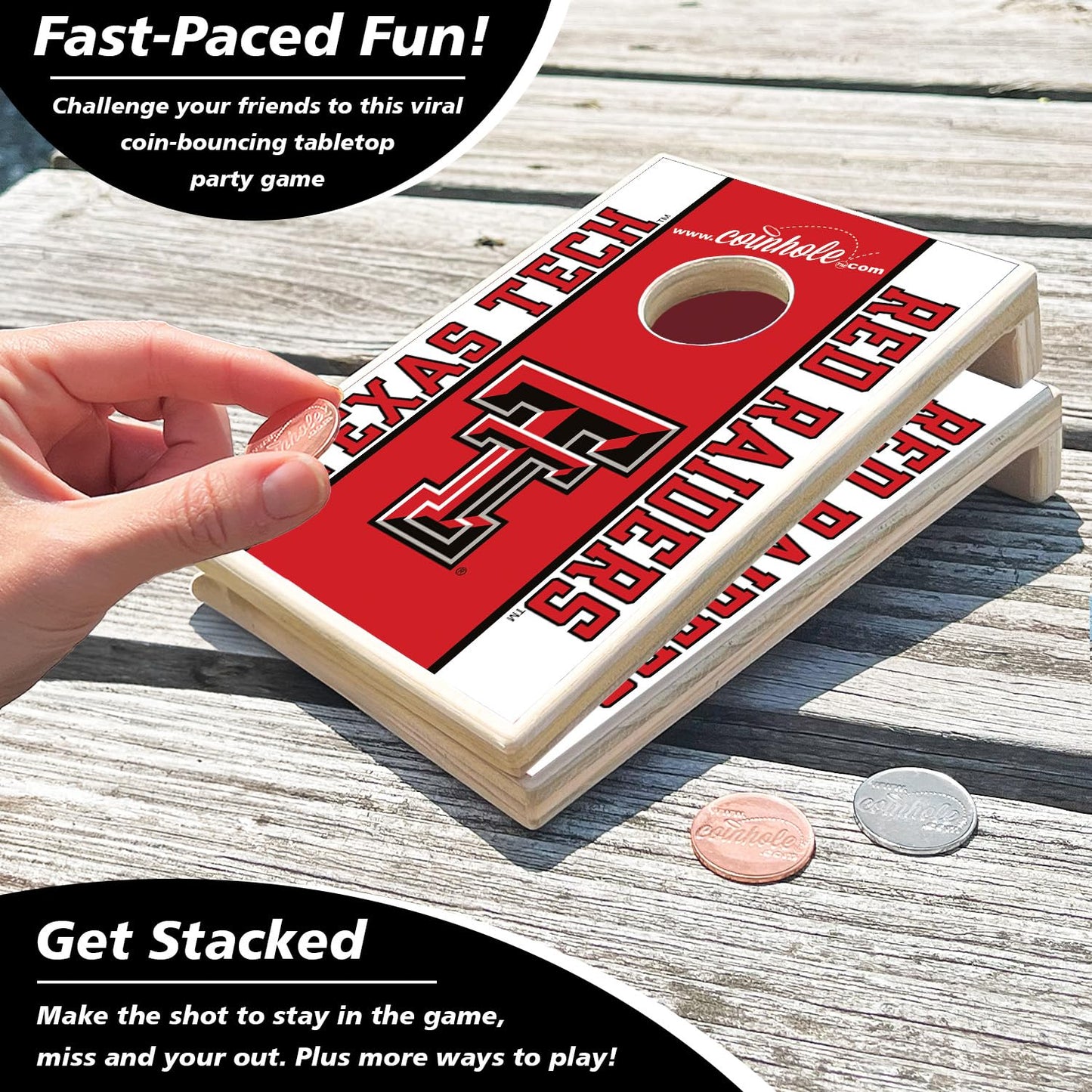 Coinhole Mini Cornhole Game Set | Officially Licensed College Texas Tech University Tabletop Cornhole Boards | Includes Coins for Game Play
