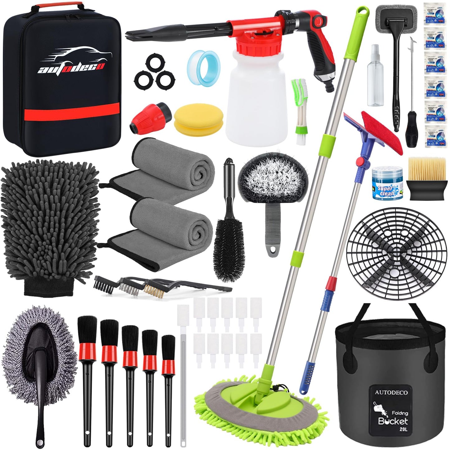 AUTODECO 44Pcs Car Wash Detailing Kit Cleaning Kits with Foam Gun Sprayer Wash Mop with Long Handle Collapsible Bucket Large Wash Mitt Towels Complete Interior Exterior Car Washing Supply Set Black