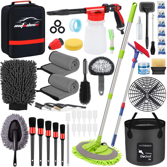 AUTODECO 44Pcs Car Wash Detailing Kit Cleaning Kits with Foam Gun Sprayer Wash Mop with Long Handle Collapsible Bucket Large Wash Mitt Towels Complete Interior Exterior Car Washing Supply Set Black